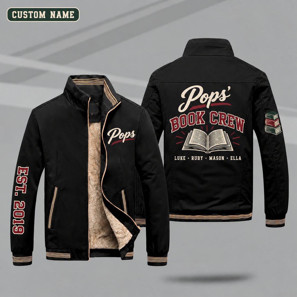 Fleece-Lined Stand Collar Jacket personalized with "Pops' Book Crew" and open book artwork on the back