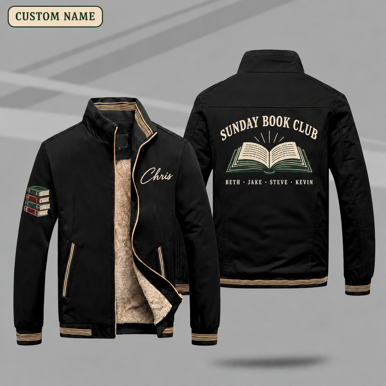 Fleece-Lined Stand Collar Jacket personalized with "Sunday Book Club" and open book artwork on the back