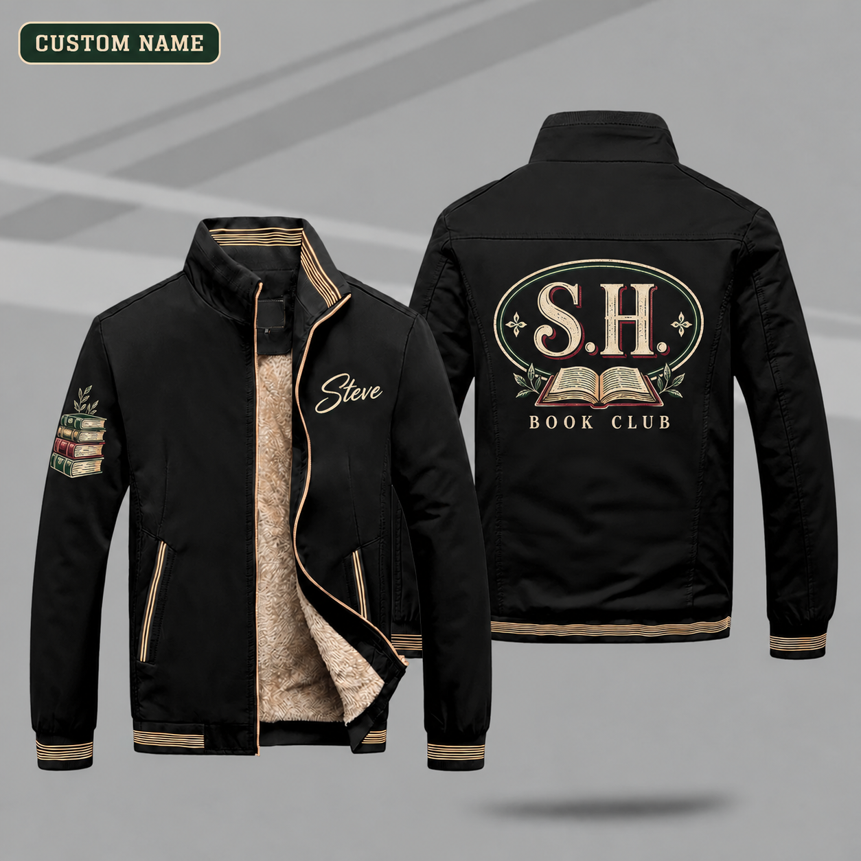 Fleece-Lined Stand Collar Jacket personalized with "S.H. Book Monogram" and open book artwork on the back