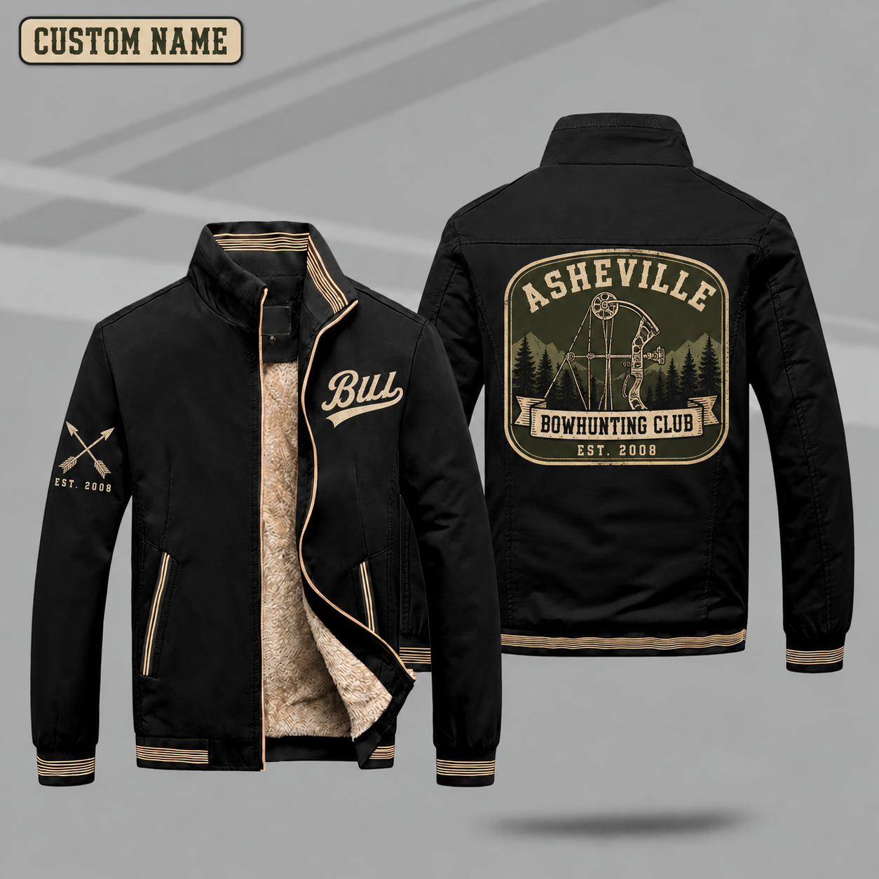 Fleece-Lined Stand Collar Jacket personalized with "Asheville Bowhunting Club Est. 2008" and compound bow artwork on the back