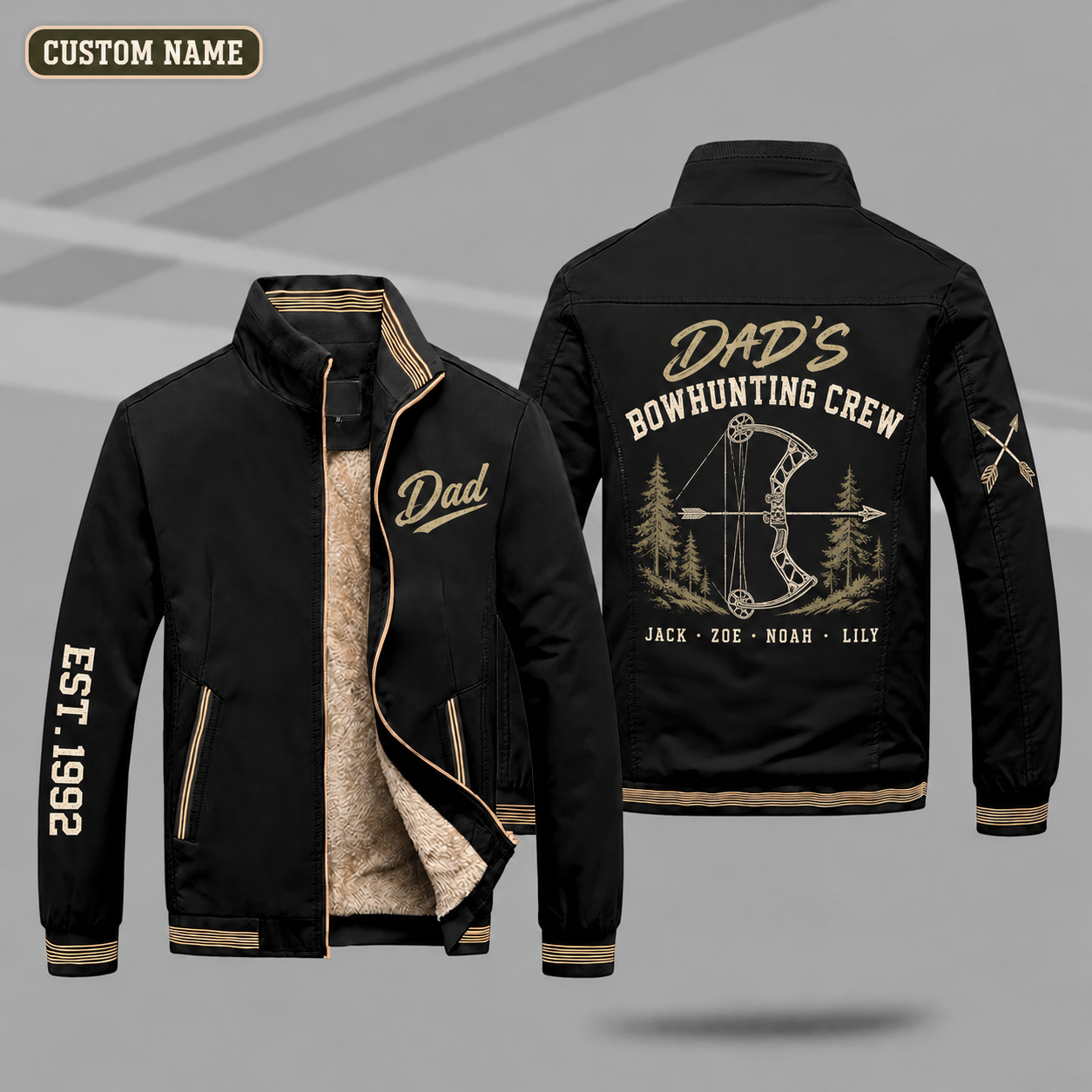 Fleece-Lined Stand Collar Jacket personalized with "Dad's Bowhunting Crew" and compound bow artwork on the back