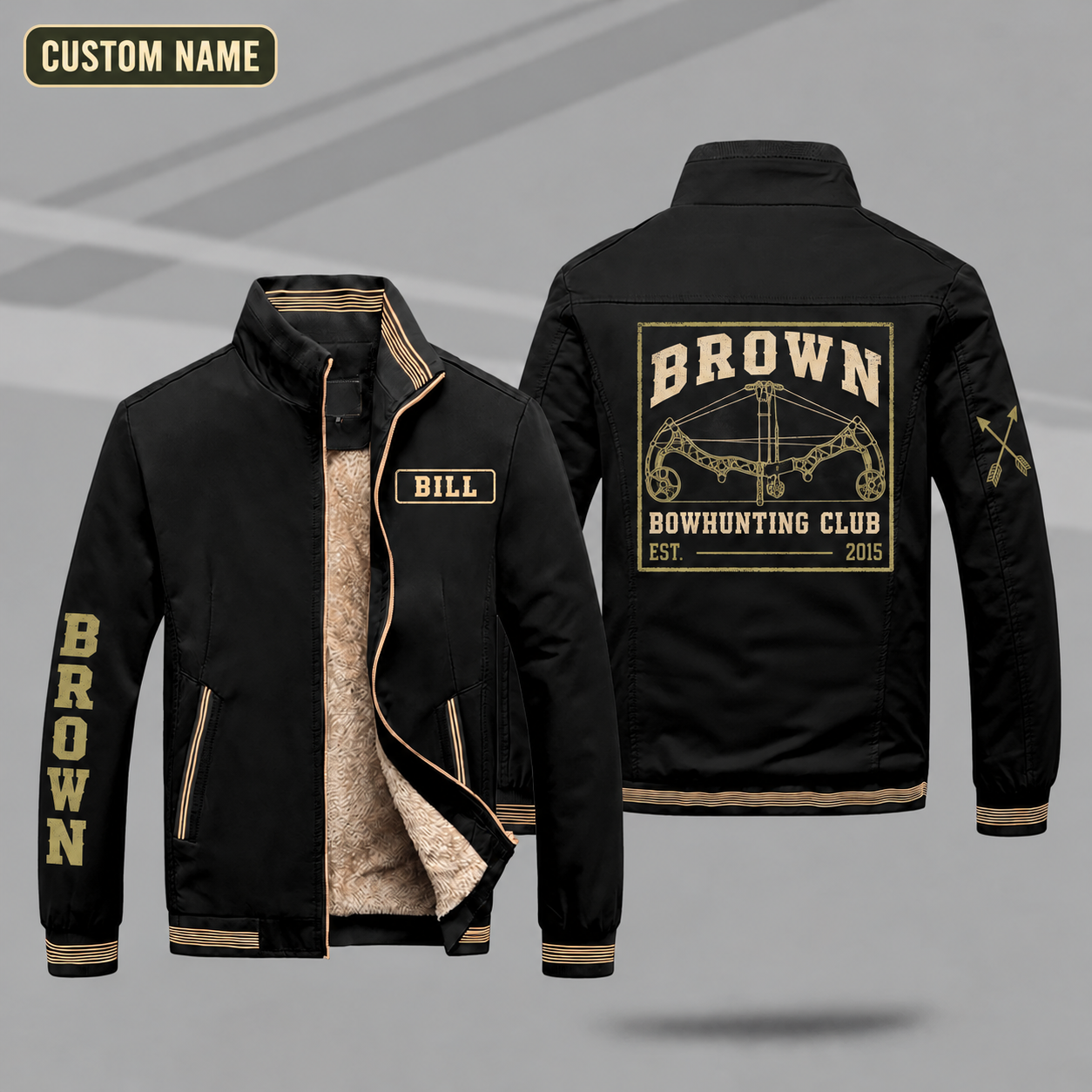 Fleece-Lined Stand Collar Jacket personalized with "Brown Bowhunting Club Est. 2015" and compound bow artwork on the back