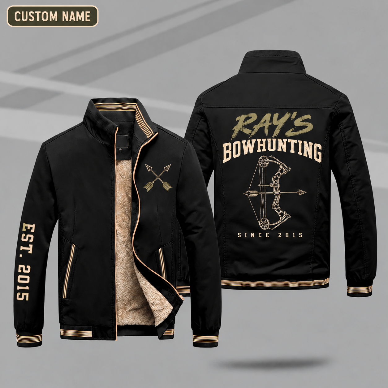 Fleece-Lined Stand Collar Jacket personalized with "Ray's Bowhunting Since 2015" and compound bow artwork on the back