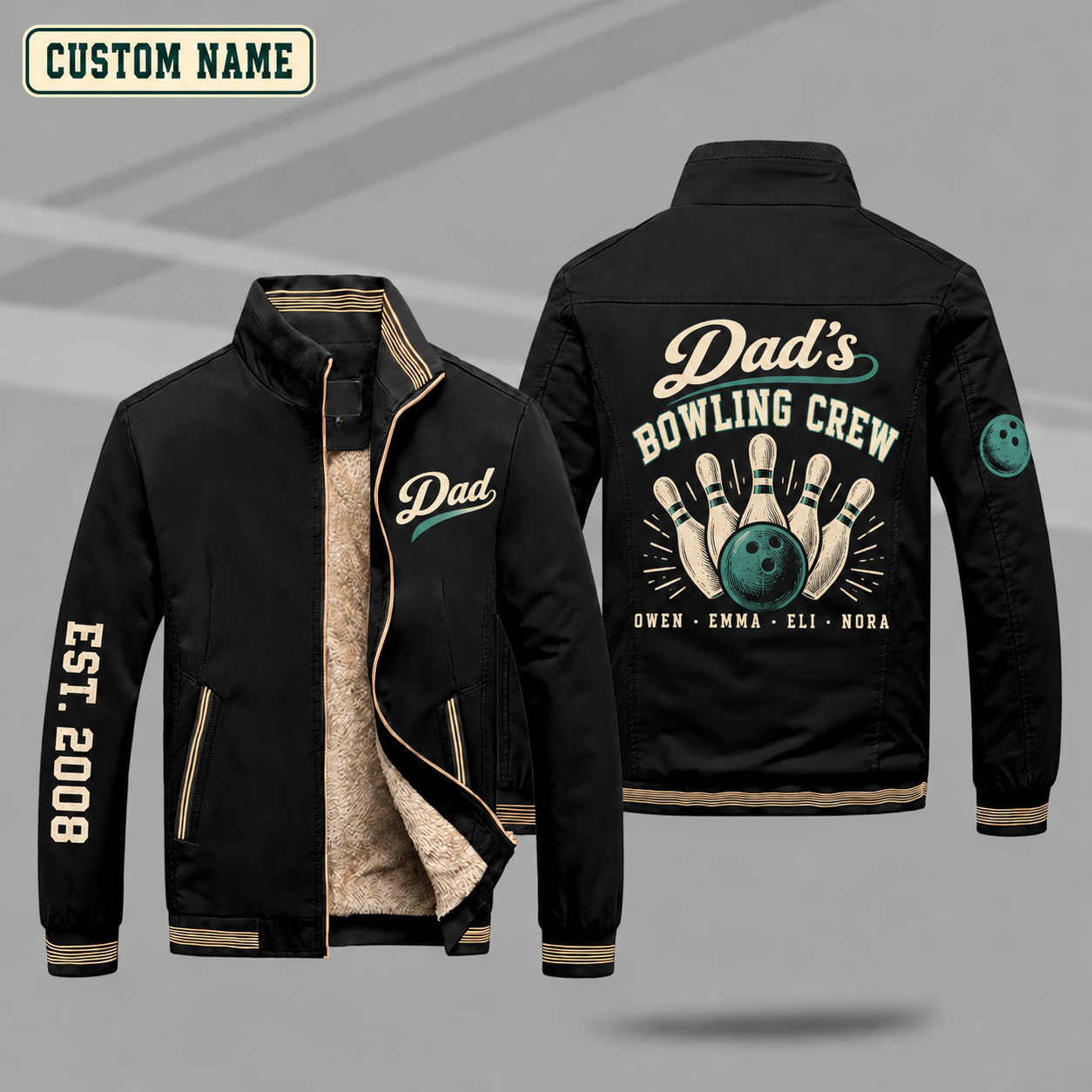 Fleece-Lined Stand Collar Jacket personalized with "Dad's Bowling Crew" and bowling pins artwork on the back