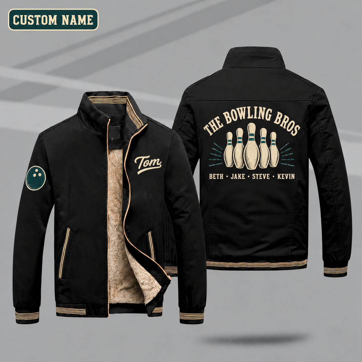 Fleece-Lined Stand Collar Jacket personalized with "The Bowling Bros" and bowling pins artwork on the back