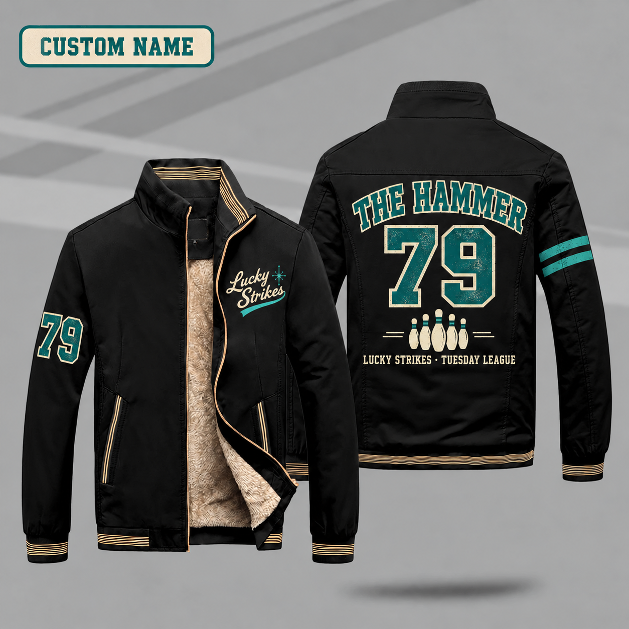 Fleece-Lined Stand Collar Jacket personalized with "Lucky Strikes Bowling League" and bowling pins artwork on the back