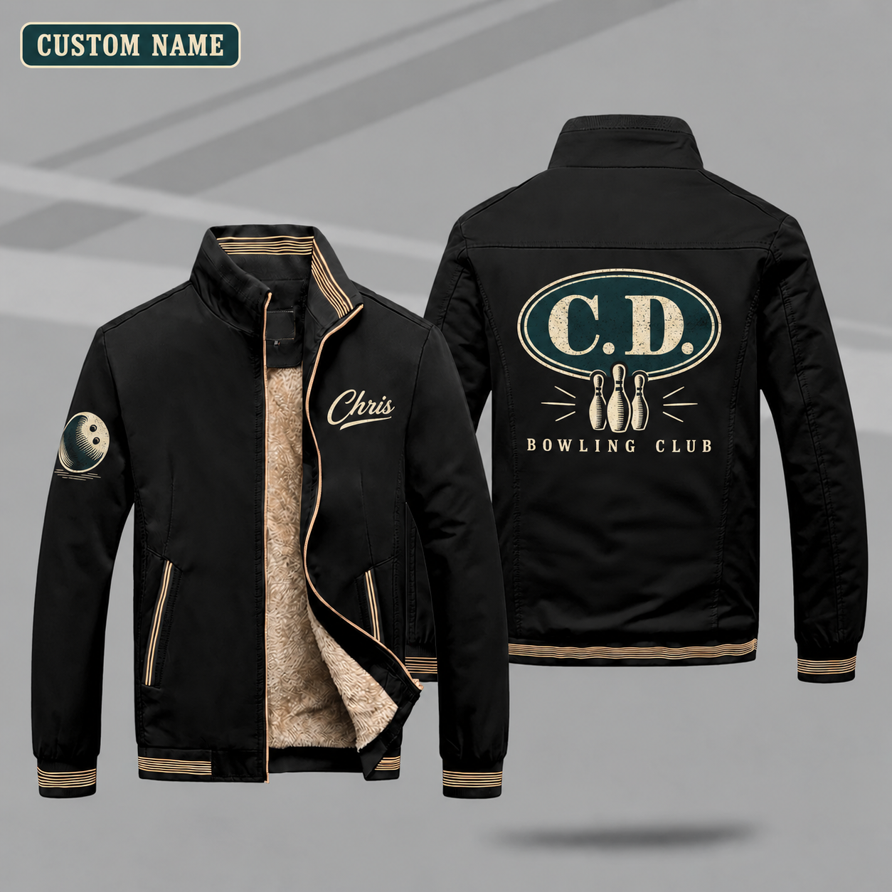 Fleece-Lined Stand Collar Jacket personalized with "C.D. Bowling Monogram" and bowling pins artwork on the back
