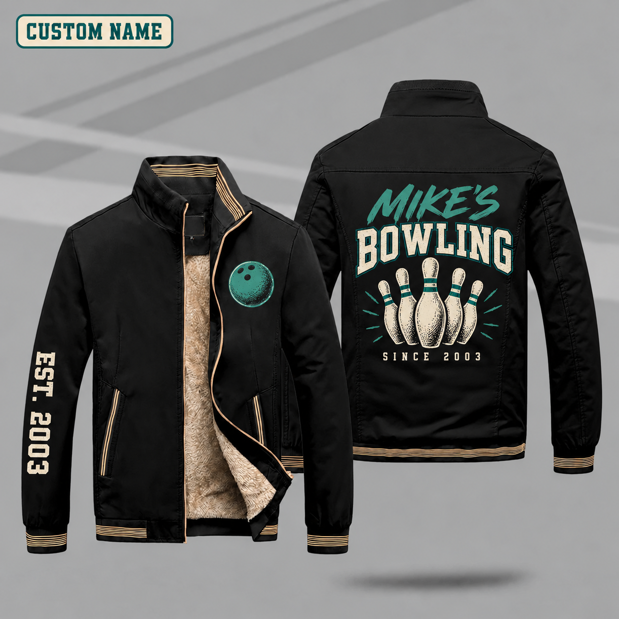 Fleece-Lined Stand Collar Jacket personalized with "Mike's Bowling Since 2003" and bowling pins artwork on the back