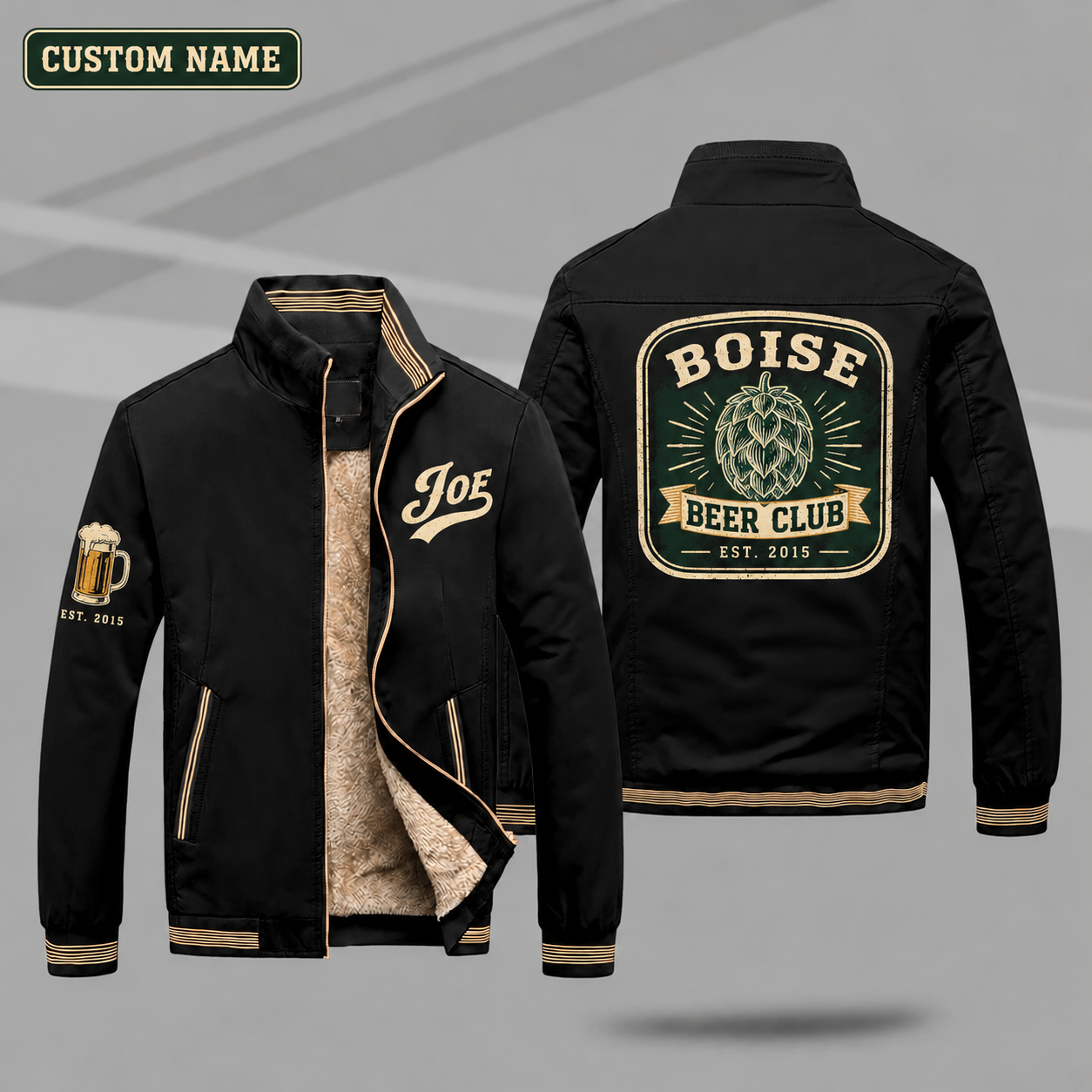 Fleece-Lined Stand Collar Jacket personalized with "Boise Beer Club Est. 2015" and hop cone artwork on the back