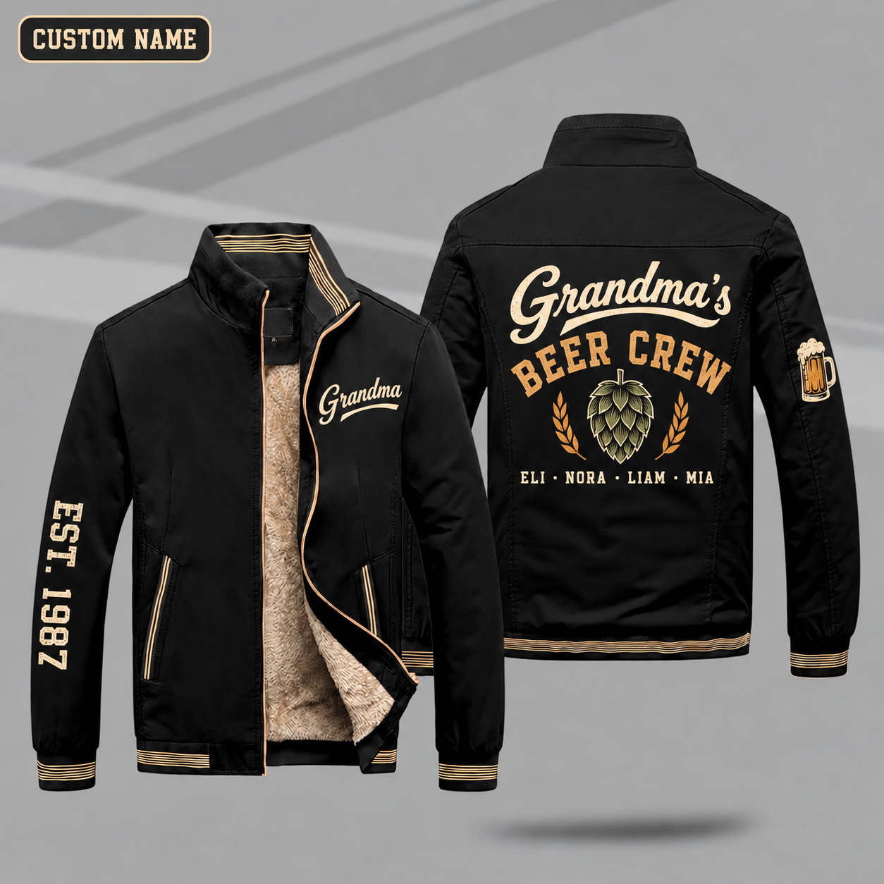 Fleece-Lined Stand Collar Jacket personalized with "Grandma's Beer Crew" and hop cone artwork on the back