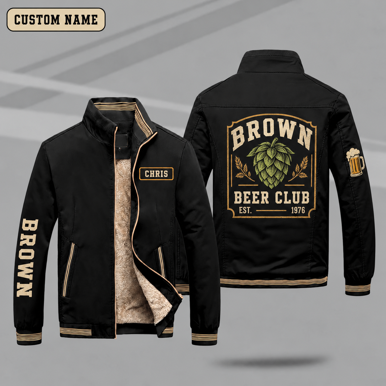 Fleece-Lined Stand Collar Jacket personalized with "Brown Beer Club Est. 1976" and hop cone artwork on the back