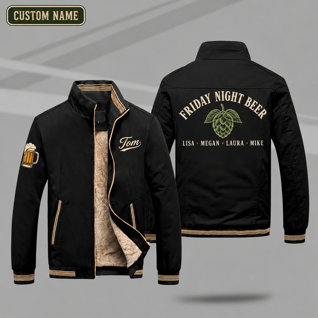 Fleece-Lined Stand Collar Jacket personalized with "Friday Night Beer" and hop cone artwork on the back