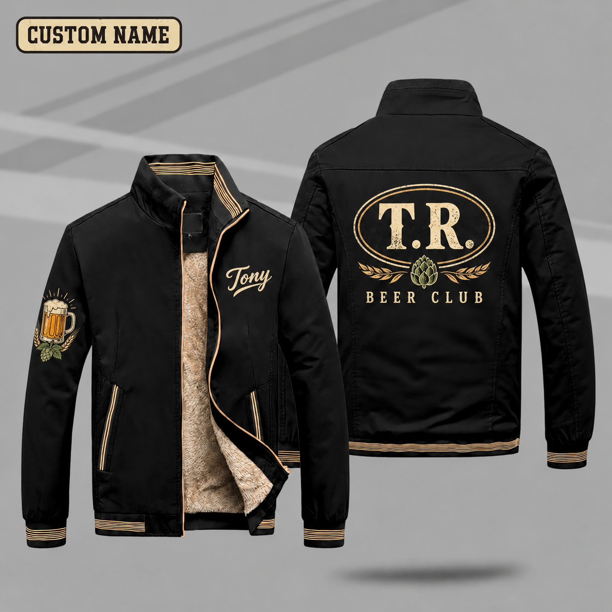 Fleece-Lined Stand Collar Jacket personalized with "T.R. Beer Monogram" and hop cone artwork on the back