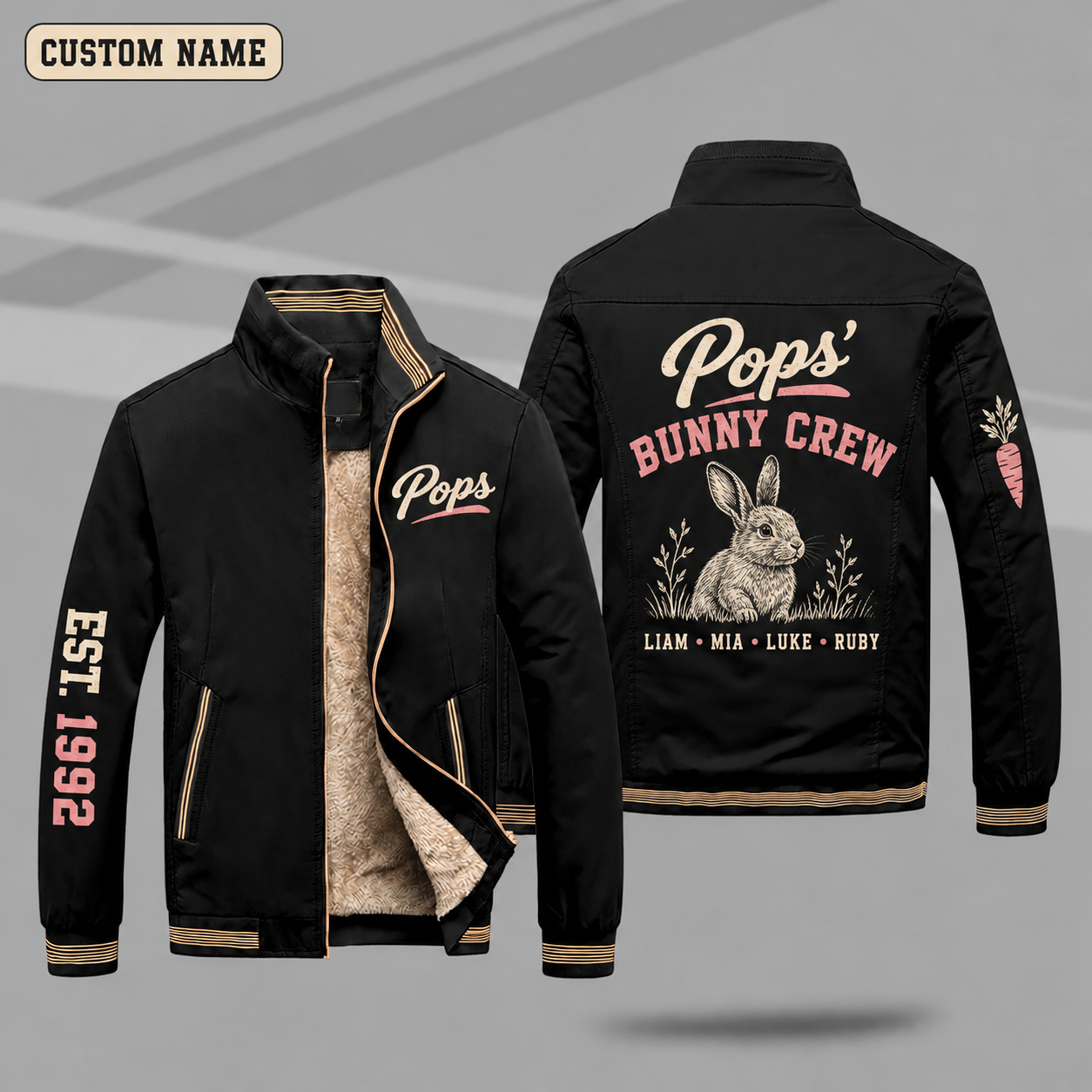 Fleece-Lined Stand Collar Jacket personalized with "Pops' Bunny Crew" and bunny artwork on the back