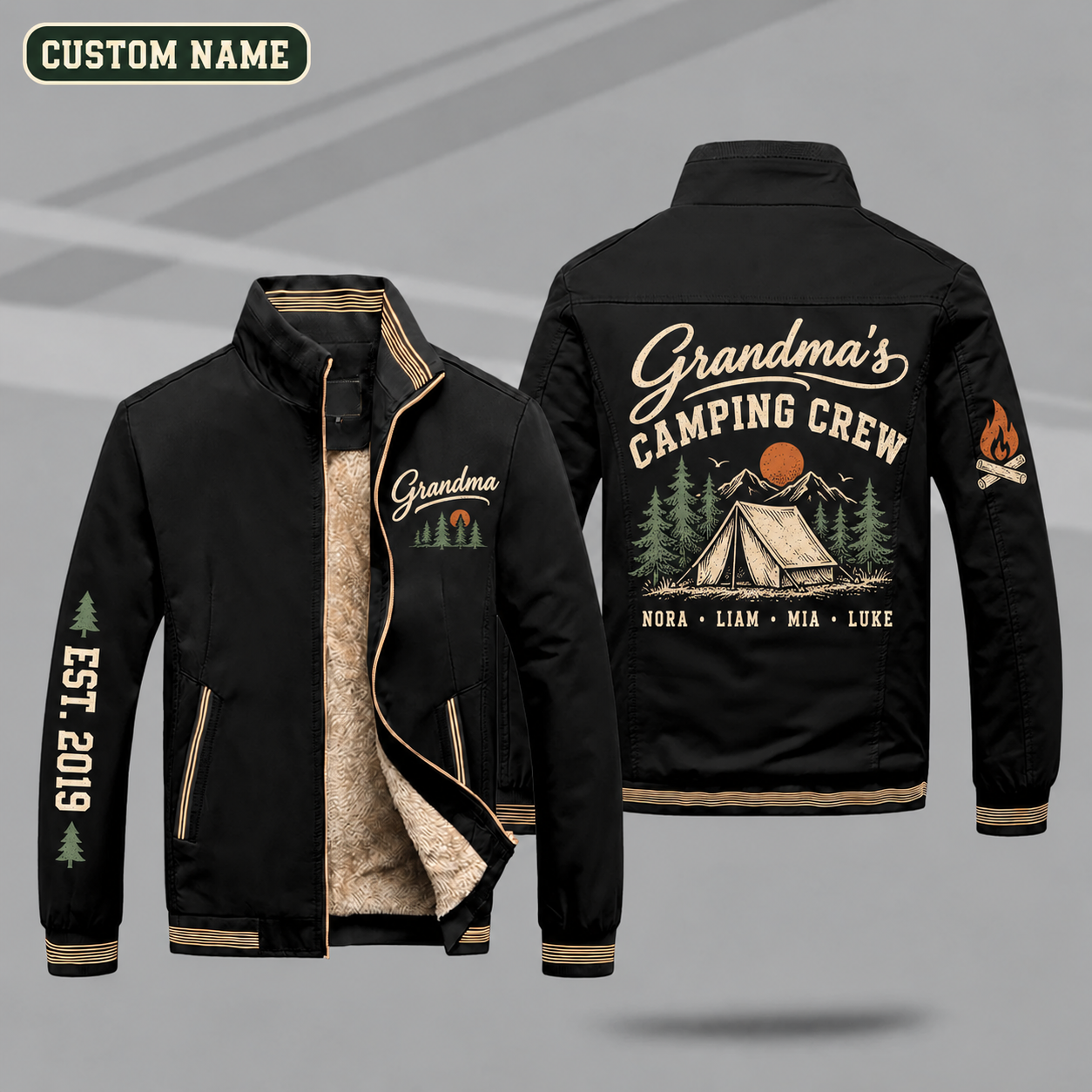 Fleece-Lined Stand Collar Jacket personalized with "Grandma's Camping Crew" and tent artwork on the back