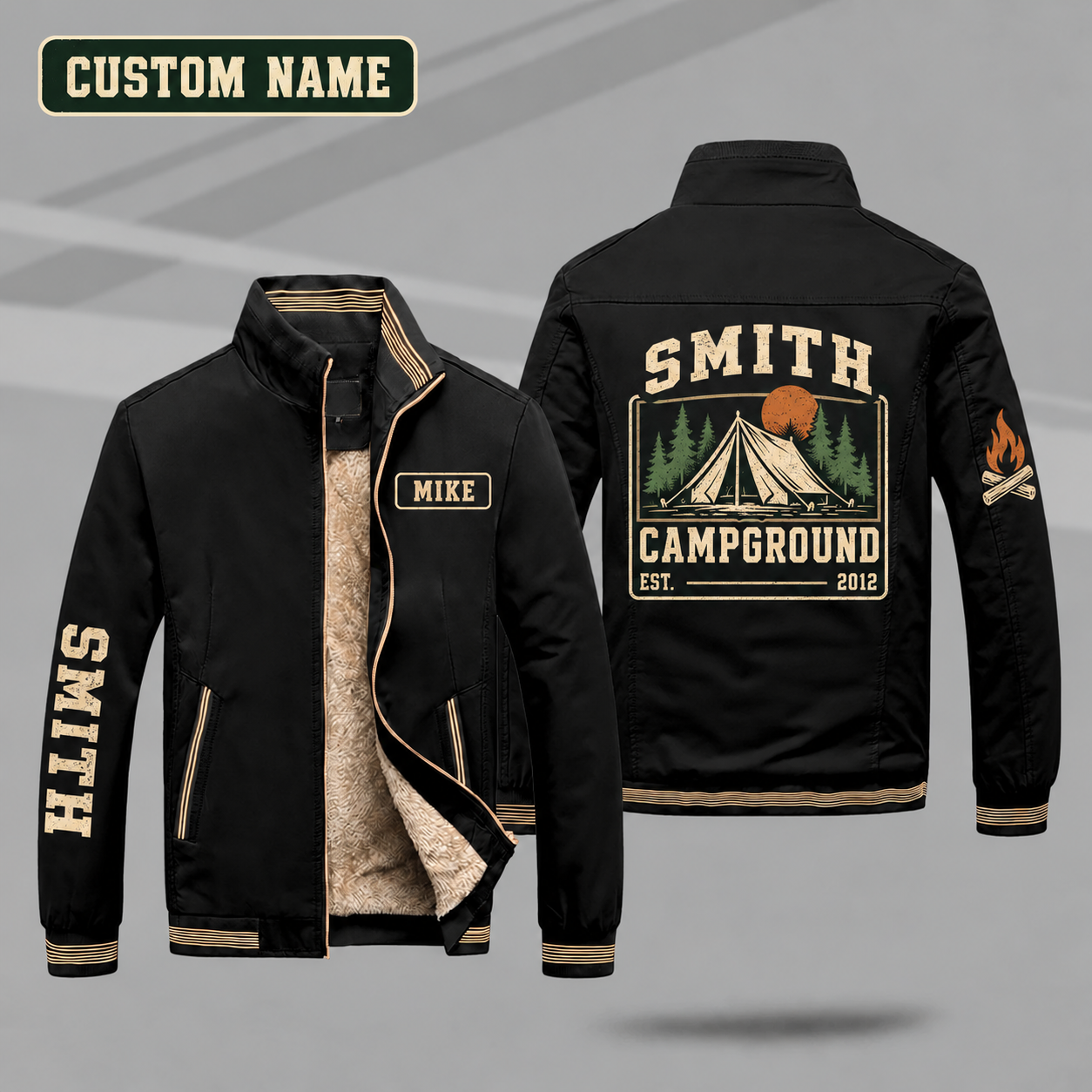 Fleece-Lined Stand Collar Jacket personalized with "Smith Campground Est. 2012" and tent artwork on the back