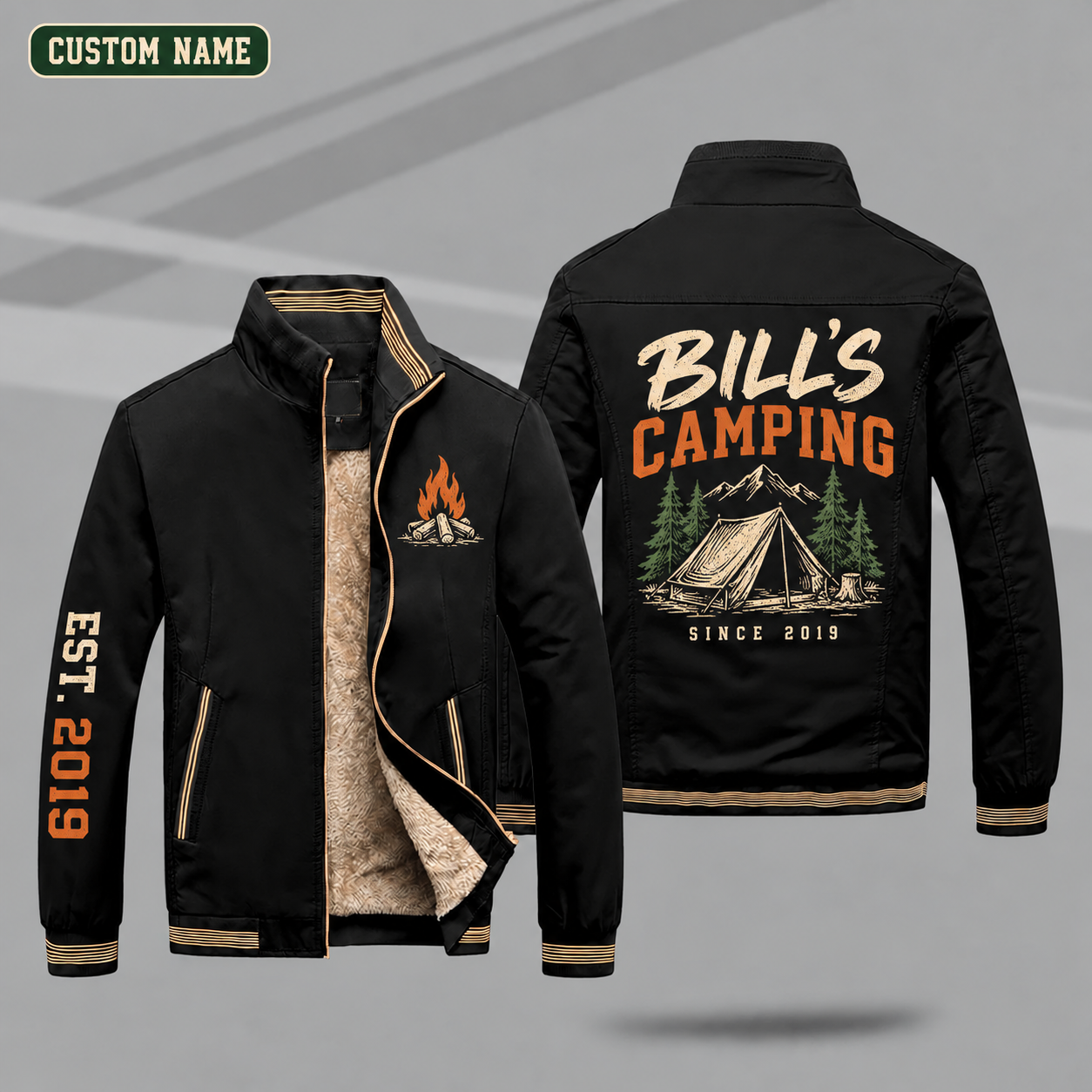 Fleece-Lined Stand Collar Jacket personalized with "Bill's Camping Since 2019" and tent artwork on the back