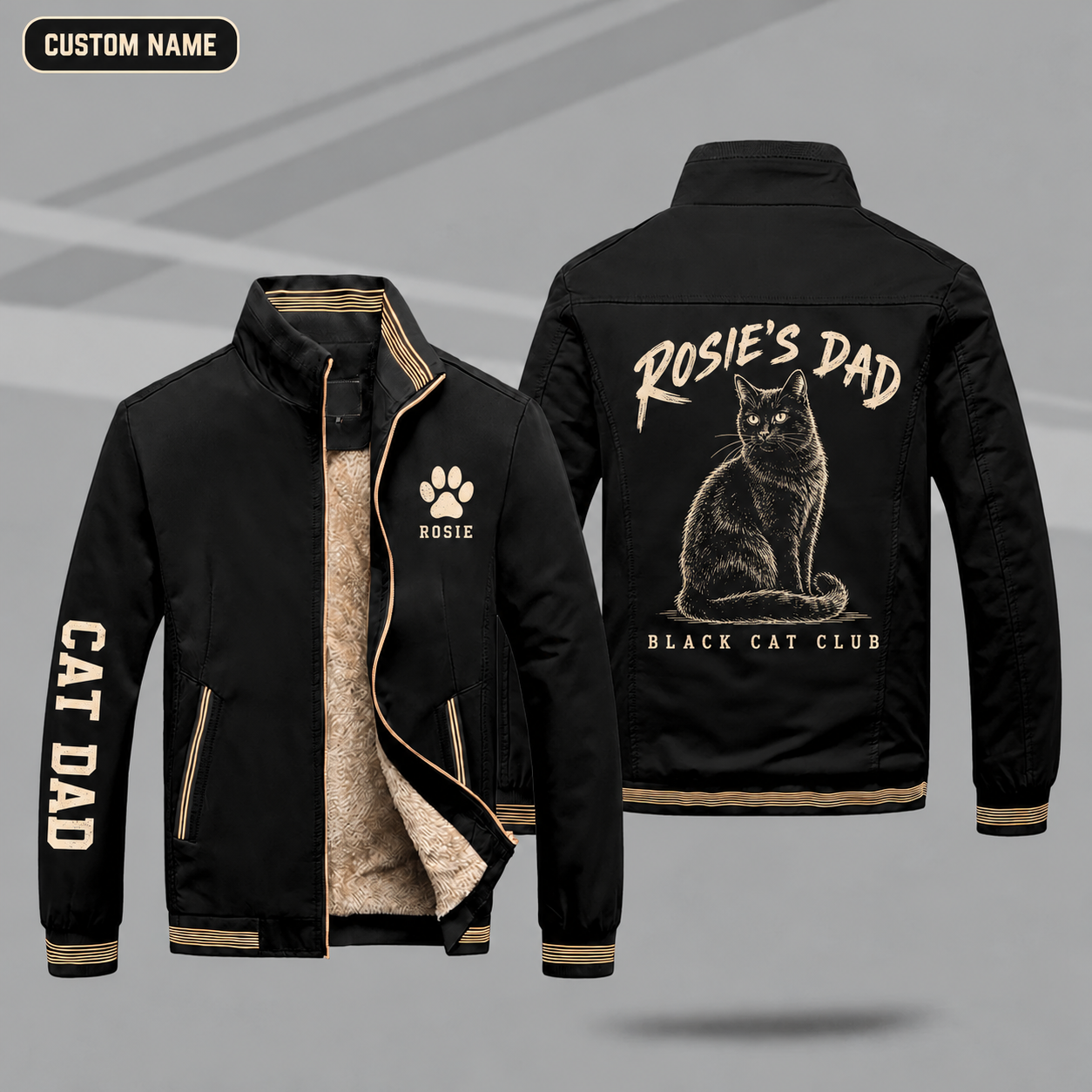 Fleece-Lined Stand Collar Jacket personalized with "Black Cat Dad" and black cat sitting artwork on the back