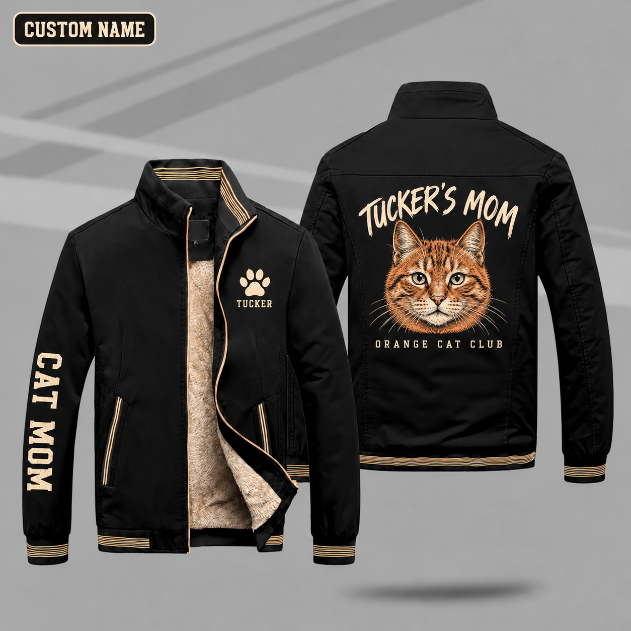 Fleece-Lined Stand Collar Jacket personalized with "Orange Cat Mom" and orange tabby cat head artwork on the back