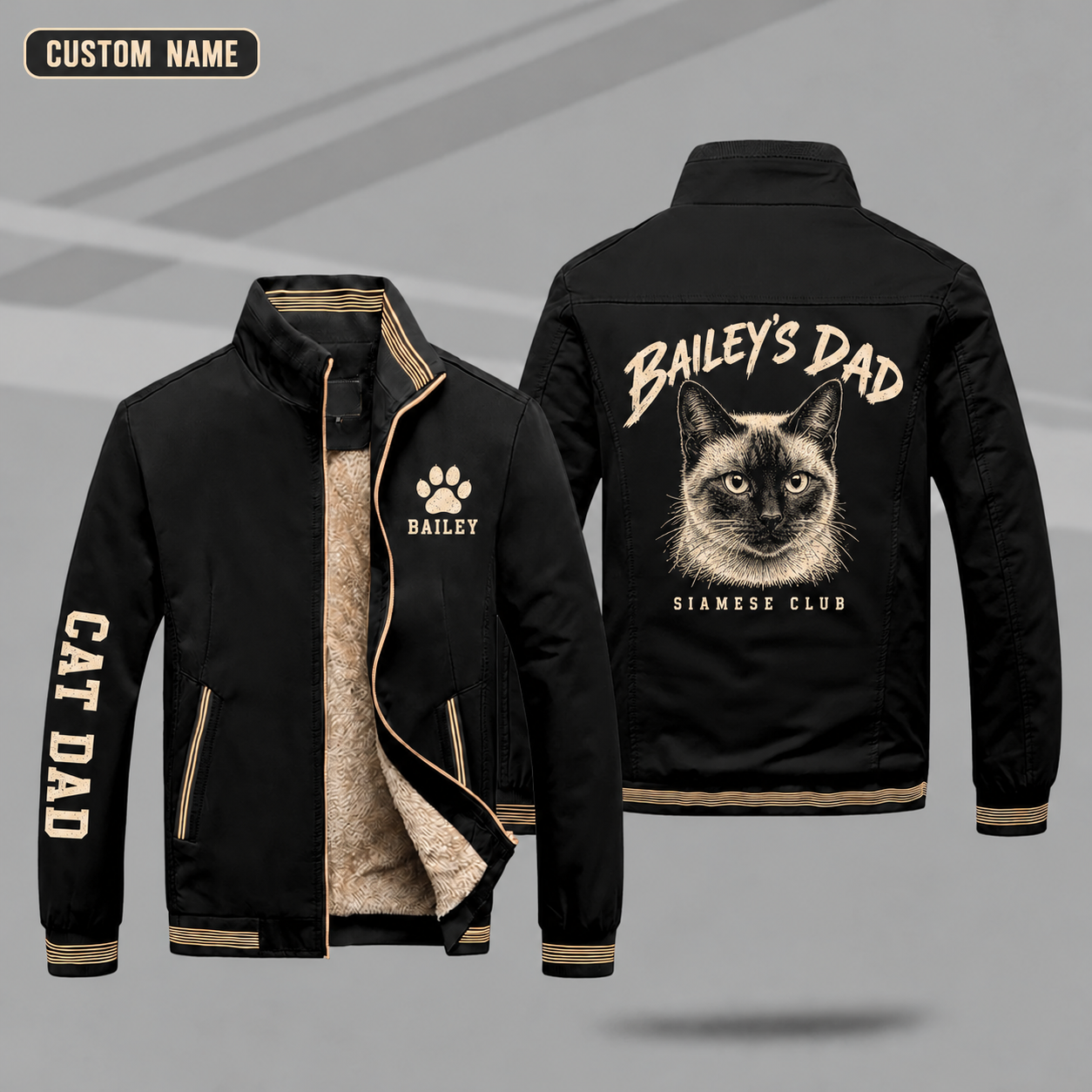 Fleece-Lined Stand Collar Jacket personalized with "Siamese Dad" and siamese cat head artwork on the back