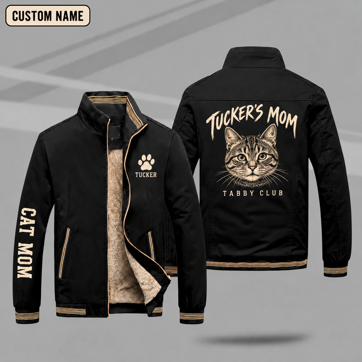 Fleece-Lined Stand Collar Jacket personalized with "Tabby Mom" and tabby cat head artwork on the back