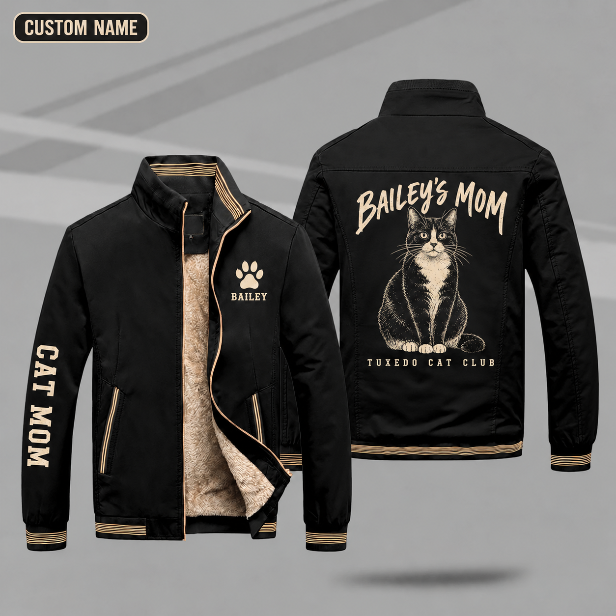 Fleece-Lined Stand Collar Jacket personalized with "Tuxedo Cat Mom" and tuxedo cat sitting artwork on the back