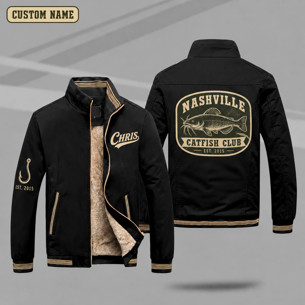 Fleece-Lined Stand Collar Jacket personalized with "Nashville Catfish Club Est. 2015" and catfish artwork on the back