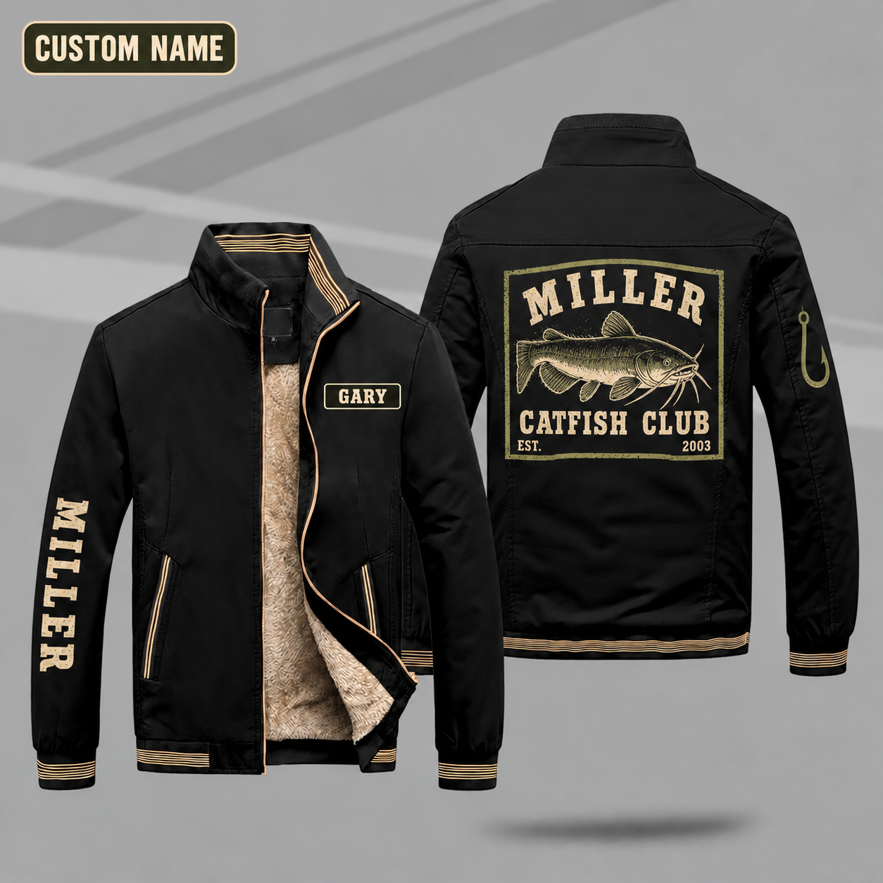 Fleece-Lined Stand Collar Jacket personalized with "Miller Catfish Club Est. 2003" and catfish artwork on the back