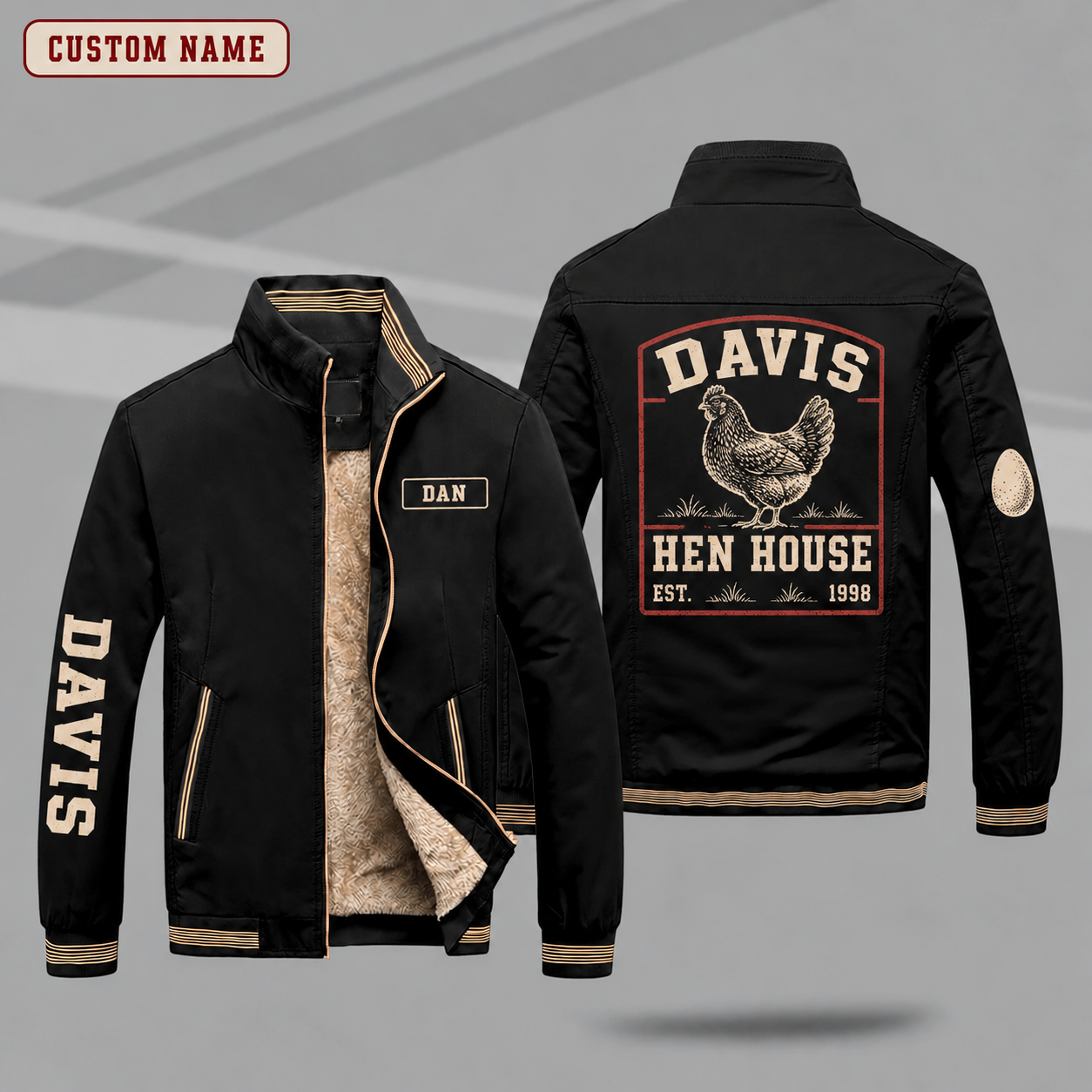 Fleece-Lined Stand Collar Jacket personalized with "Davis Hen House Est. 1998" and hen artwork on the back