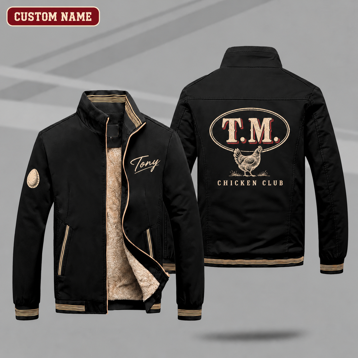 Fleece-Lined Stand Collar Jacket personalized with "T.M. Chicken Monogram" and hen artwork on the back