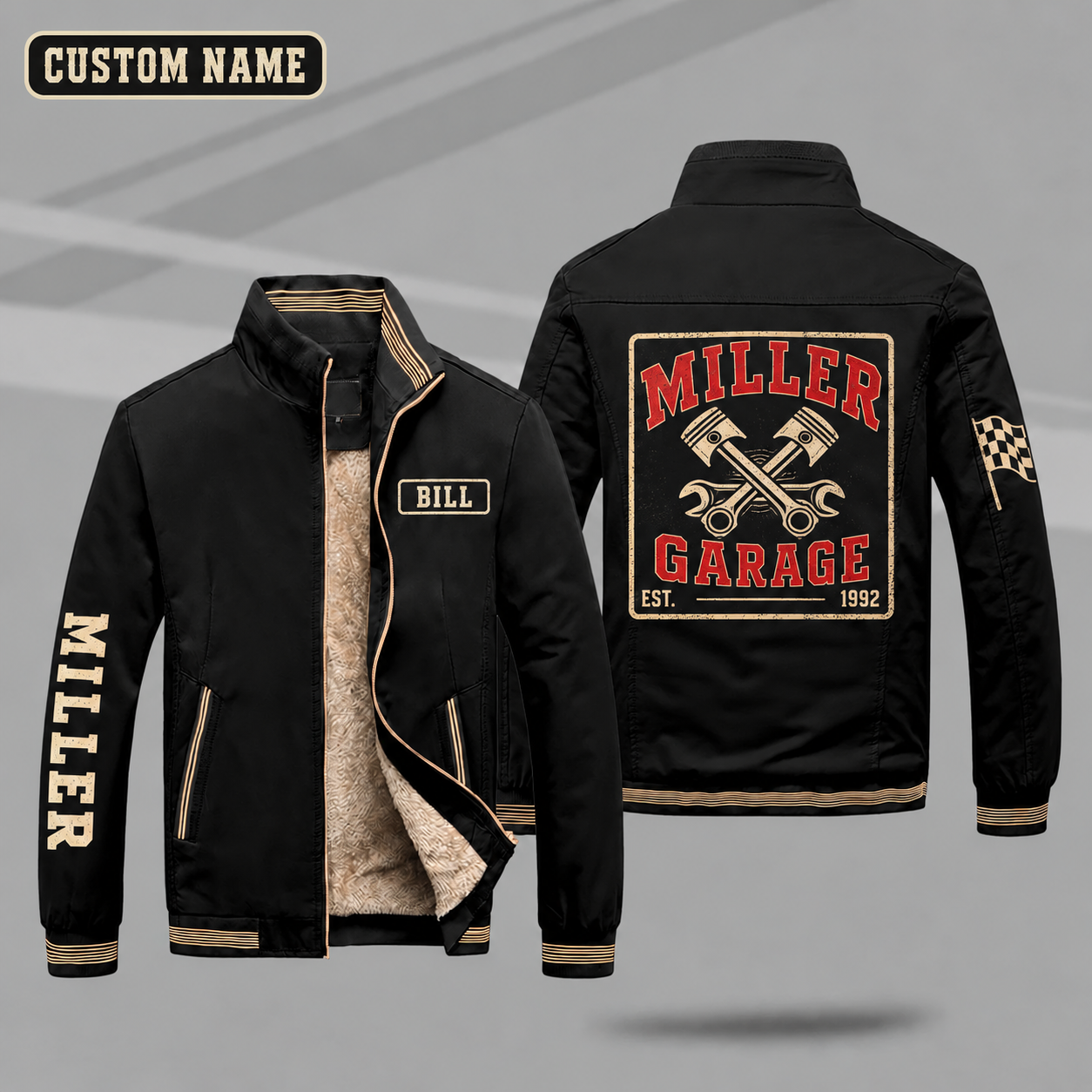 Fleece-Lined Stand Collar Jacket personalized with "Miller Garage Est. 1992" and piston and wrench artwork on the back