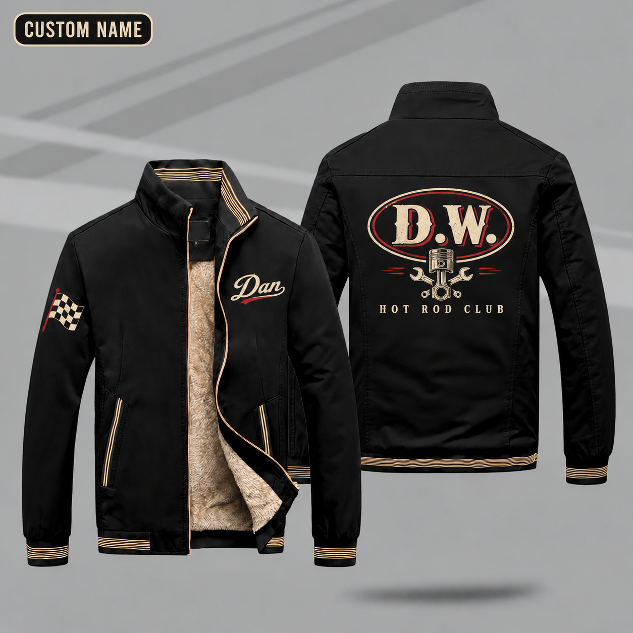 Fleece-Lined Stand Collar Jacket personalized with "D.W. Hot Rod Monogram" and piston and wrench artwork on the back