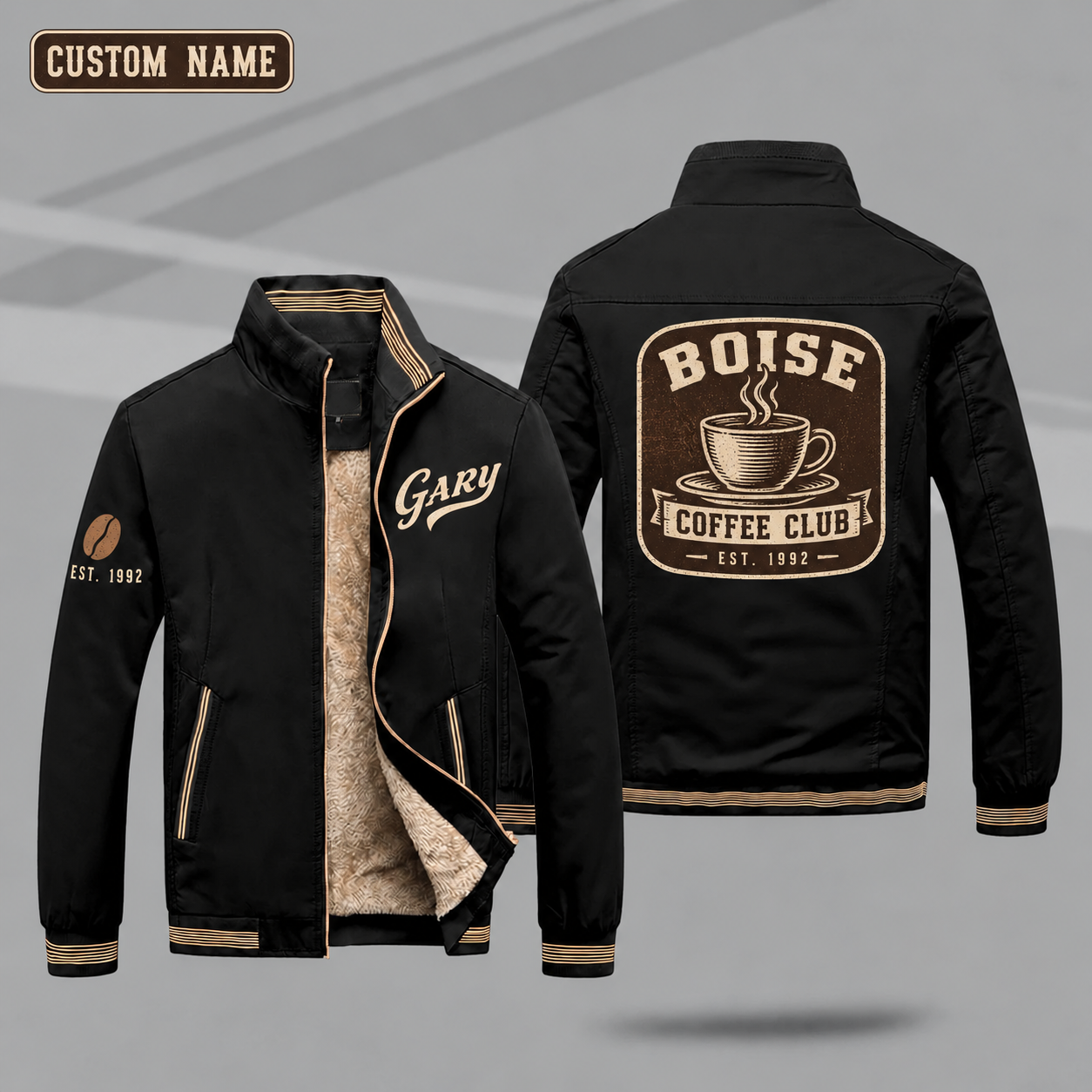 Fleece-Lined Stand Collar Jacket personalized with "Boise Coffee Club Est. 1992" and coffee cup artwork on the back