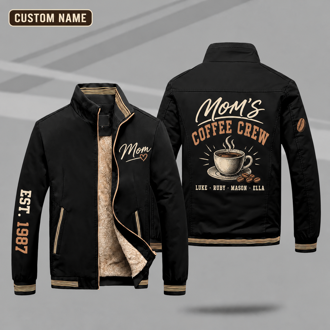 Fleece-Lined Stand Collar Jacket personalized with "Mom's Coffee Crew" and coffee cup artwork on the back