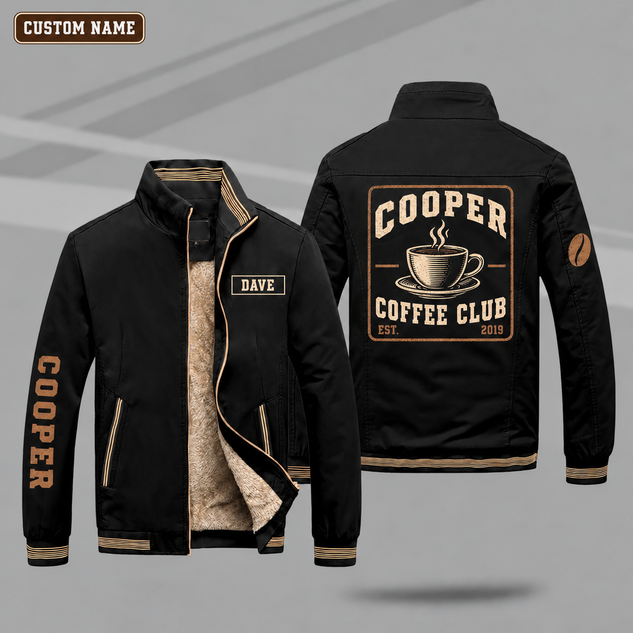 Fleece-Lined Stand Collar Jacket personalized with "Cooper Coffee Club Est. 2019" and coffee cup artwork on the back