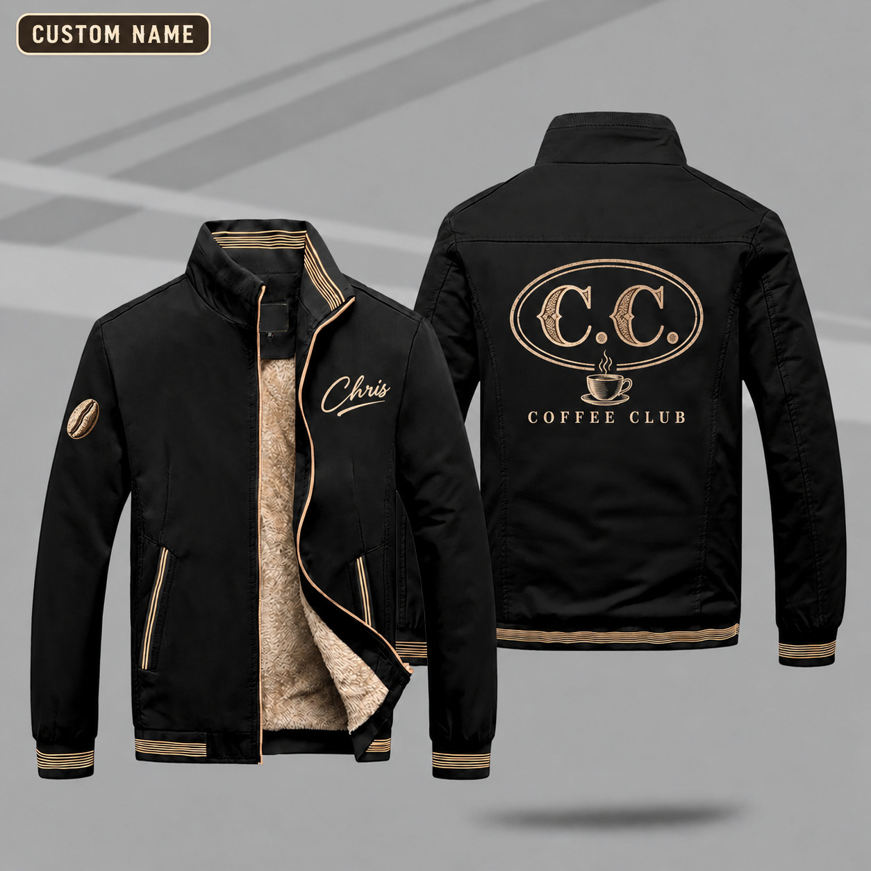 Fleece-Lined Stand Collar Jacket personalized with "C.C. Coffee Monogram" and coffee cup artwork on the back