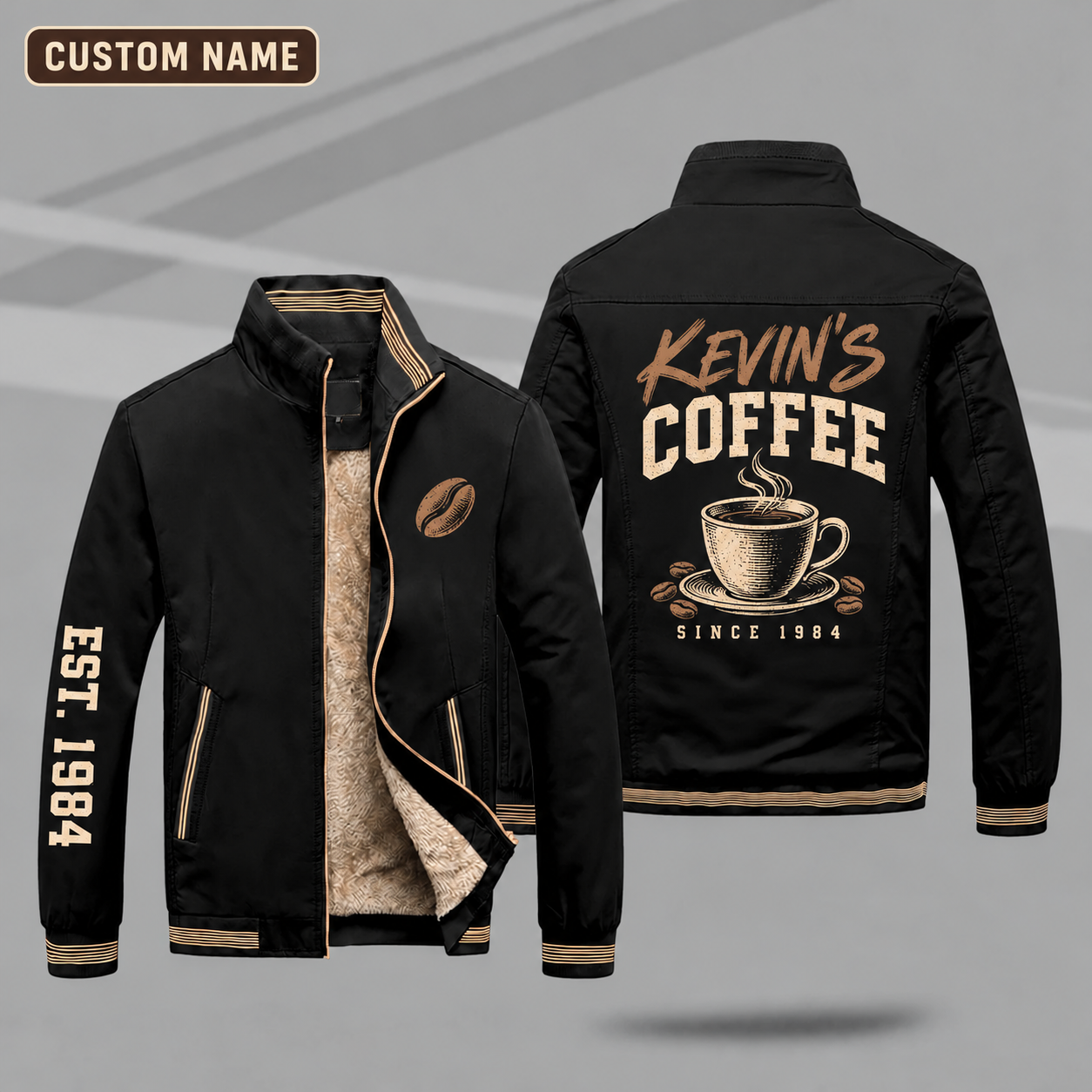 Fleece-Lined Stand Collar Jacket personalized with "Kevin's Coffee Since 1984" and coffee cup artwork on the back
