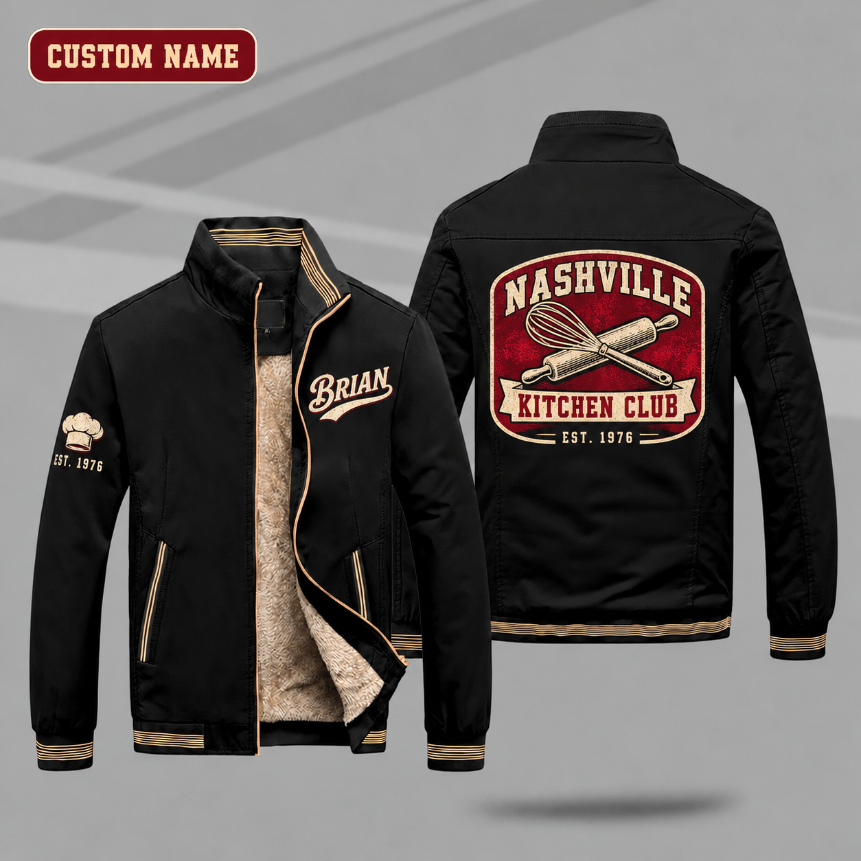Fleece-Lined Stand Collar Jacket personalized with "Nashville Kitchen Club Est. 1976" and whisk and rolling pin artwork on the back