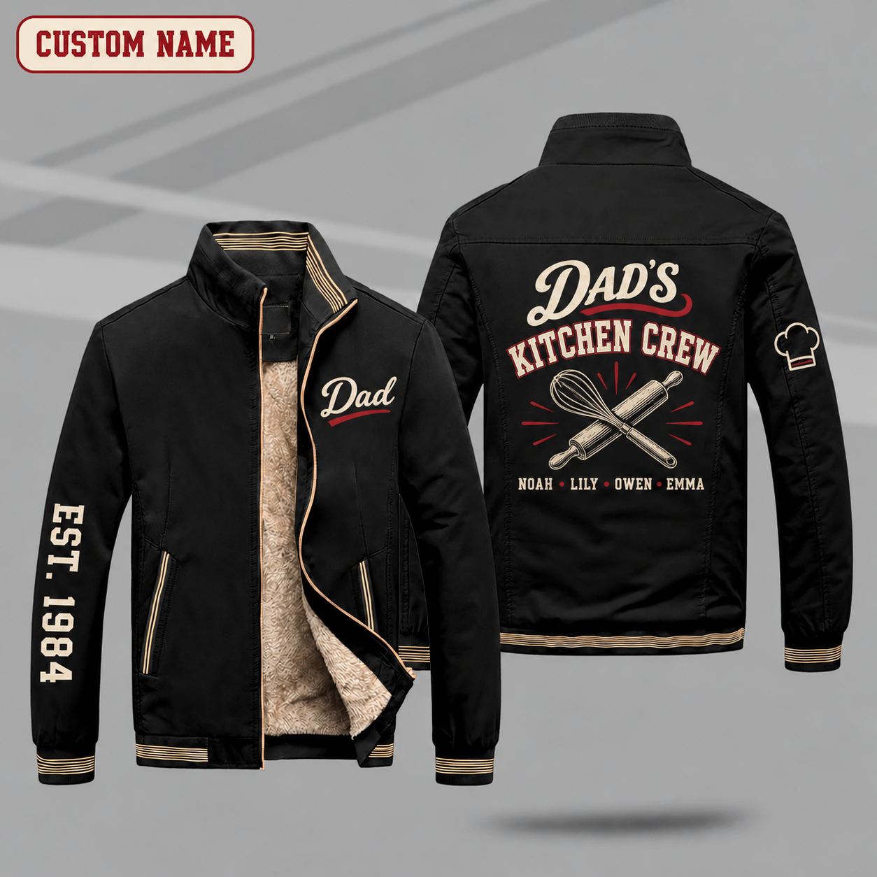 Fleece-Lined Stand Collar Jacket personalized with "Dad's Kitchen Crew" and whisk and rolling pin artwork on the back