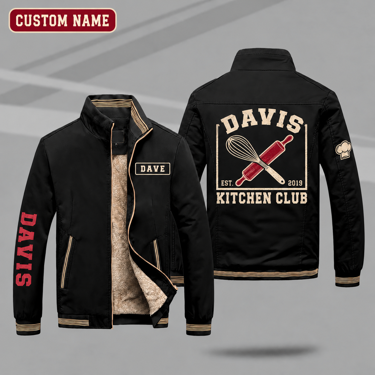 Fleece-Lined Stand Collar Jacket personalized with "Davis Kitchen Club Est. 2019" and whisk and rolling pin artwork on the back