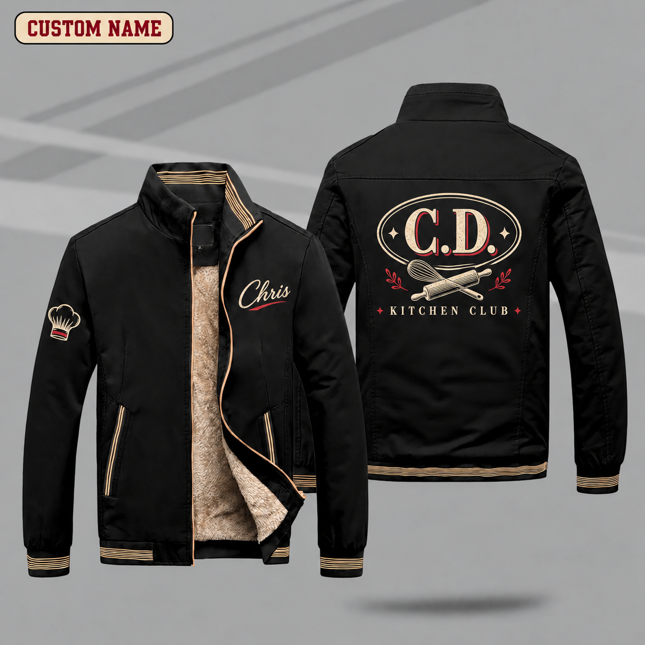 Fleece-Lined Stand Collar Jacket personalized with "C.D. Kitchen Monogram" and whisk and rolling pin artwork on the back