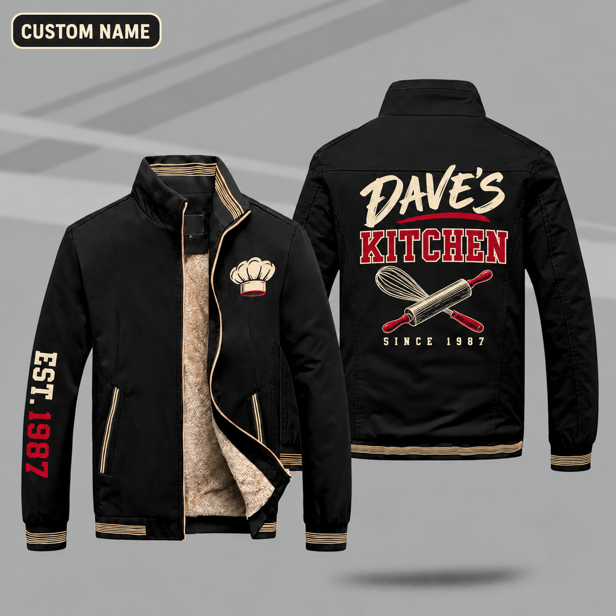 Fleece-Lined Stand Collar Jacket personalized with "Dave's Kitchen Since 1987" and whisk and rolling pin artwork on the back