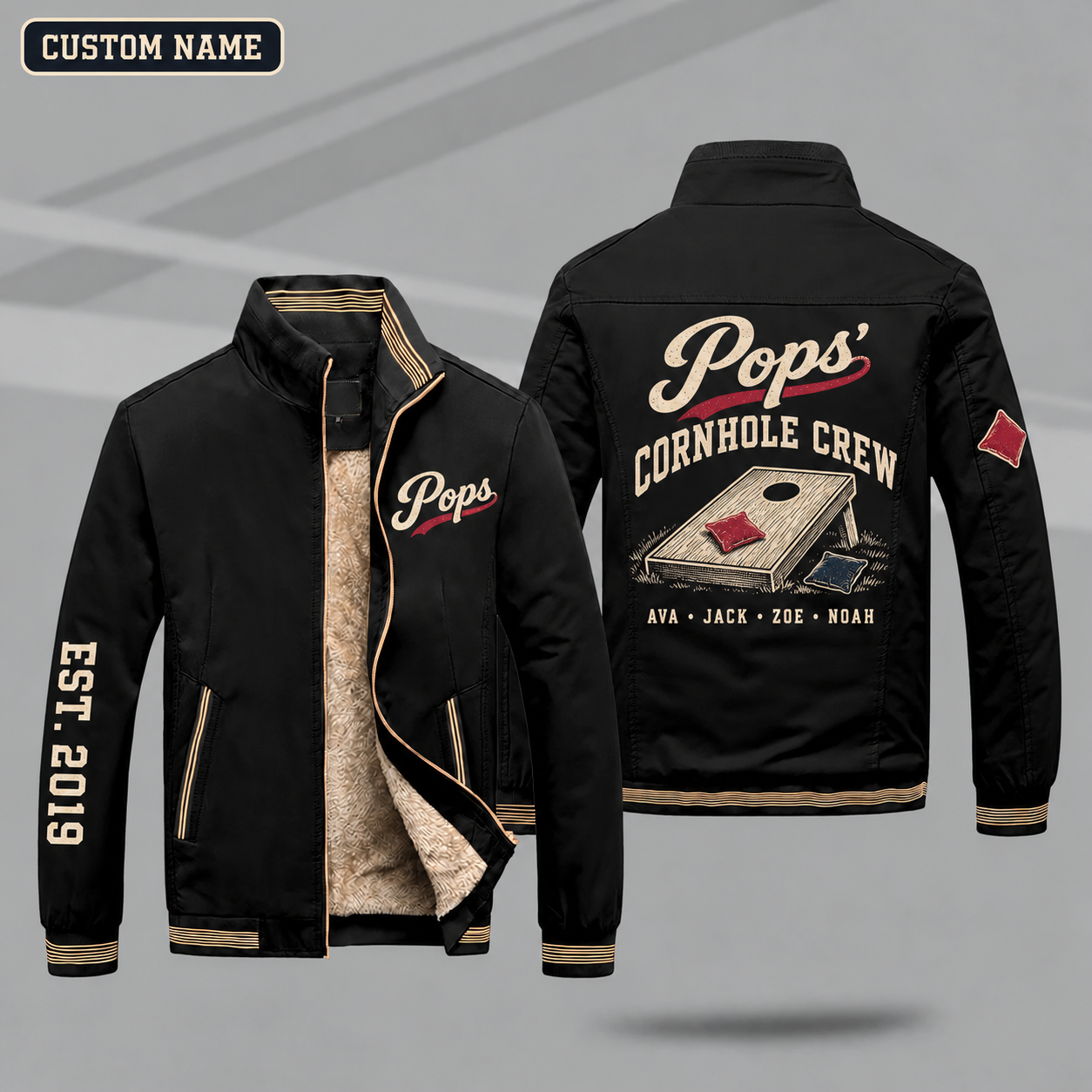Fleece-Lined Stand Collar Jacket personalized with "Pops' Cornhole Crew" and cornhole board artwork on the back