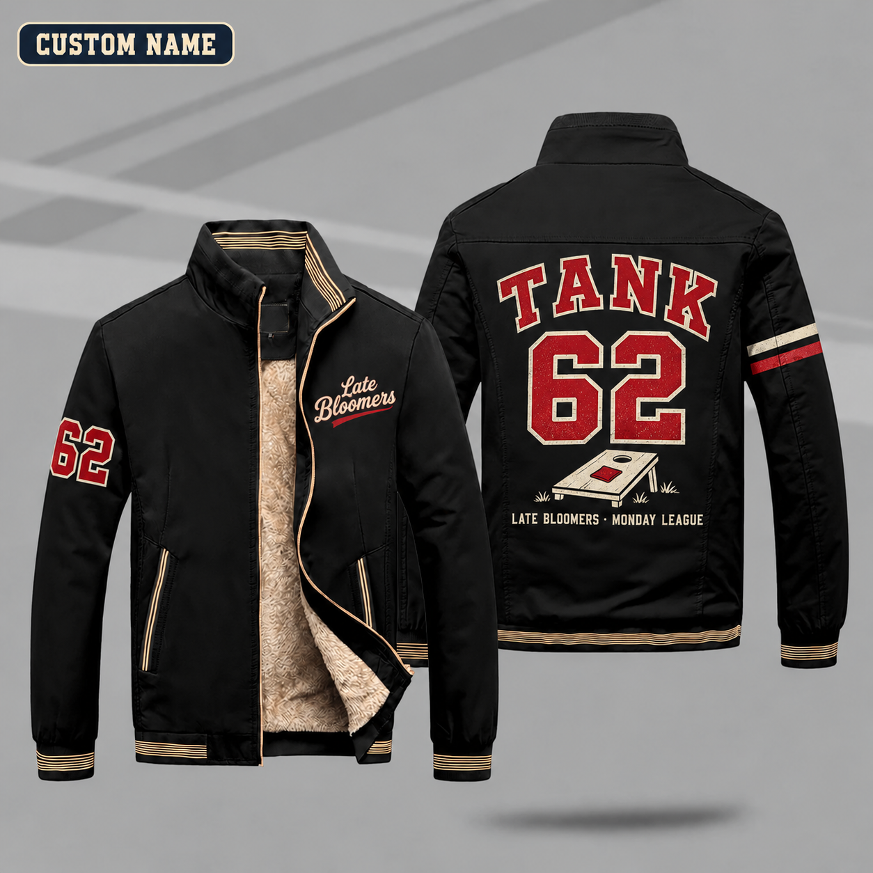 Fleece-Lined Stand Collar Jacket personalized with "Late Bloomers Cornhole League" and cornhole board artwork on the back