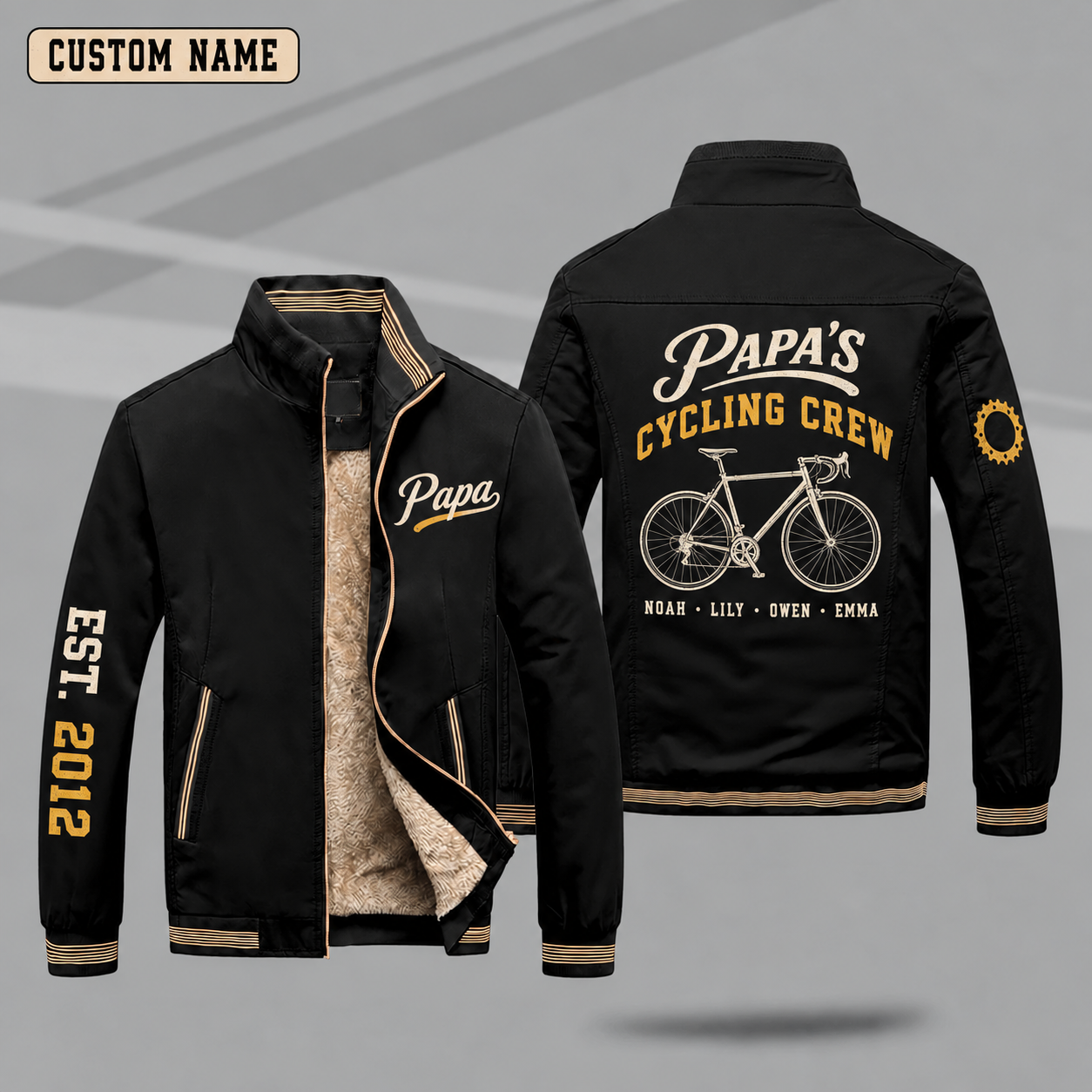 Fleece-Lined Stand Collar Jacket personalized with "Papa's Cycling Crew" and road bike artwork on the back