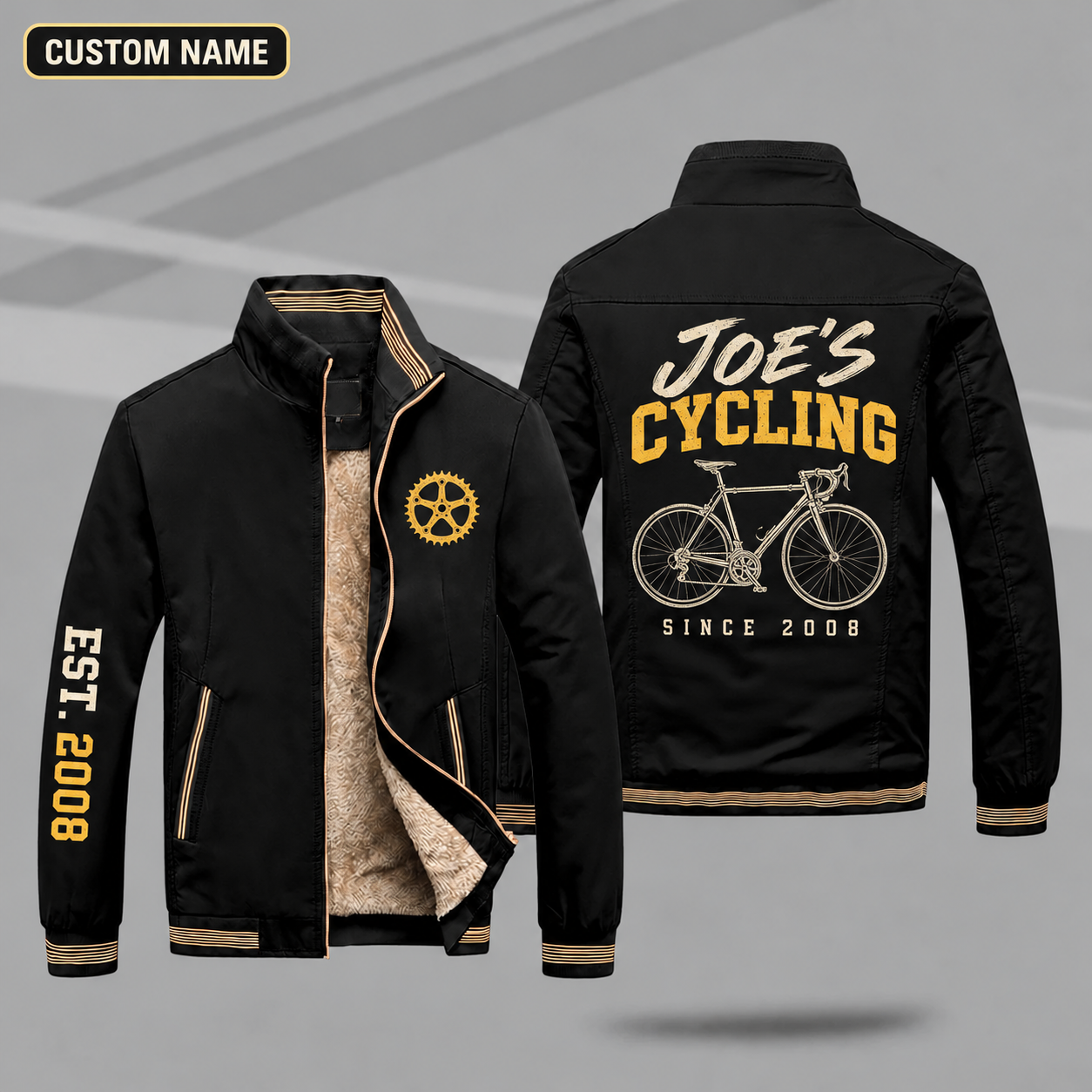 Fleece-Lined Stand Collar Jacket personalized with "Joe's Cycling Since 2008" and road bike artwork on the back