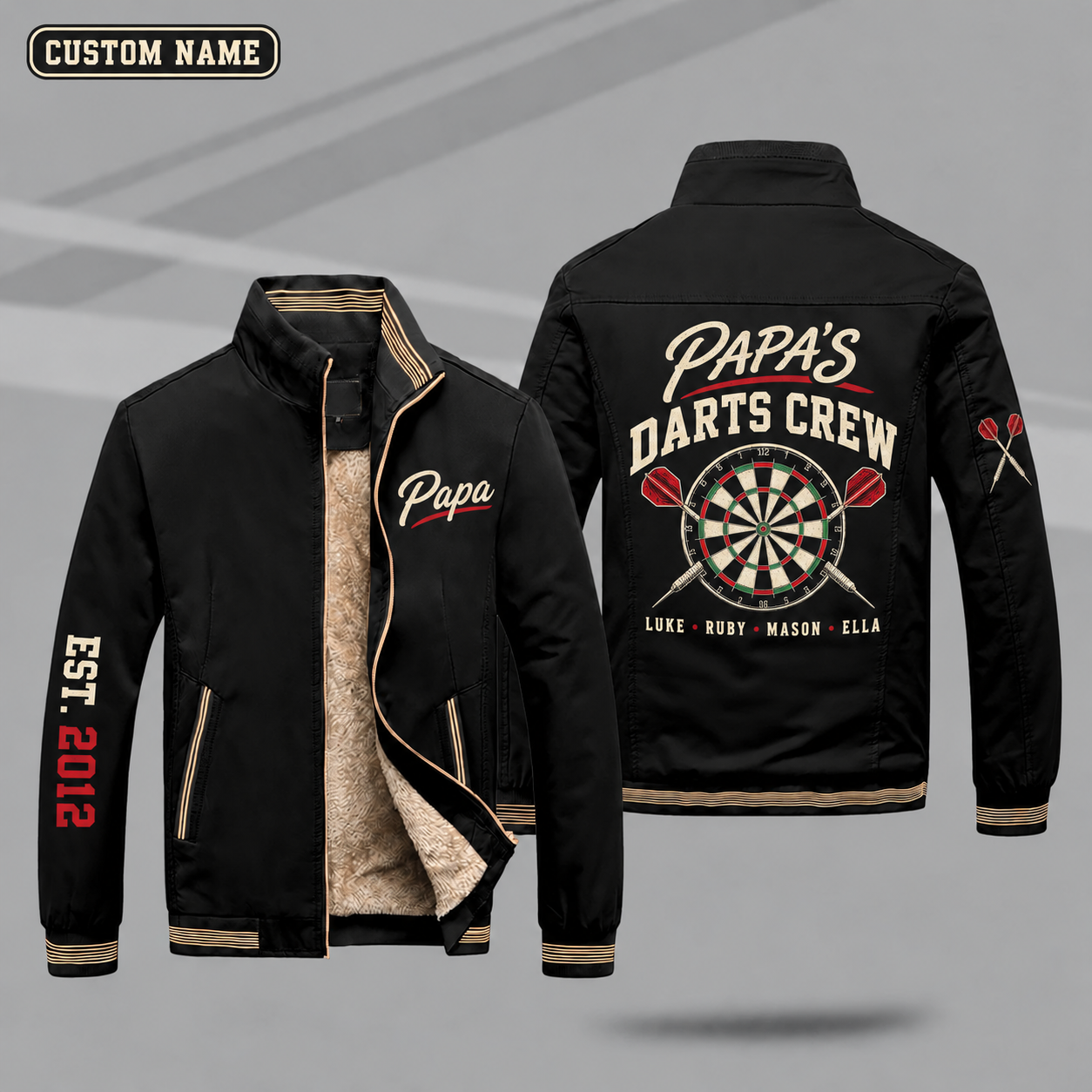 Fleece-Lined Stand Collar Jacket personalized with "Papa's Darts Crew" and dartboard artwork on the back