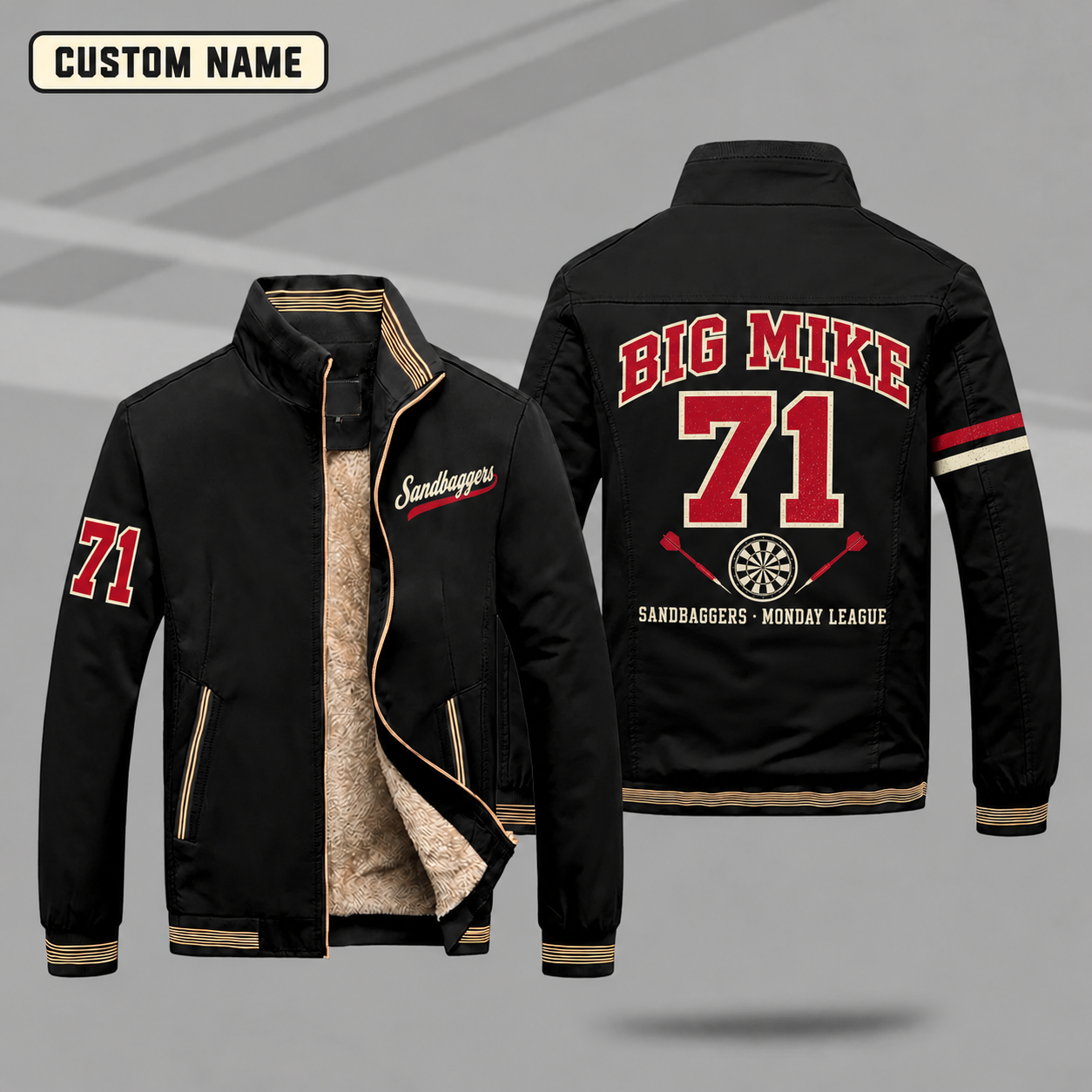 Fleece-Lined Stand Collar Jacket personalized with "Sandbaggers Darts League" and dartboard artwork on the back