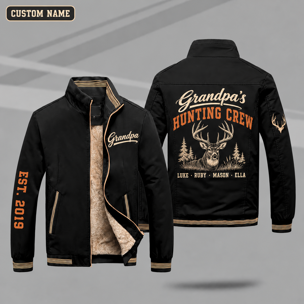 Fleece-Lined Stand Collar Jacket personalized with "Grandpa's Hunting Crew" and whitetail buck head artwork on the back