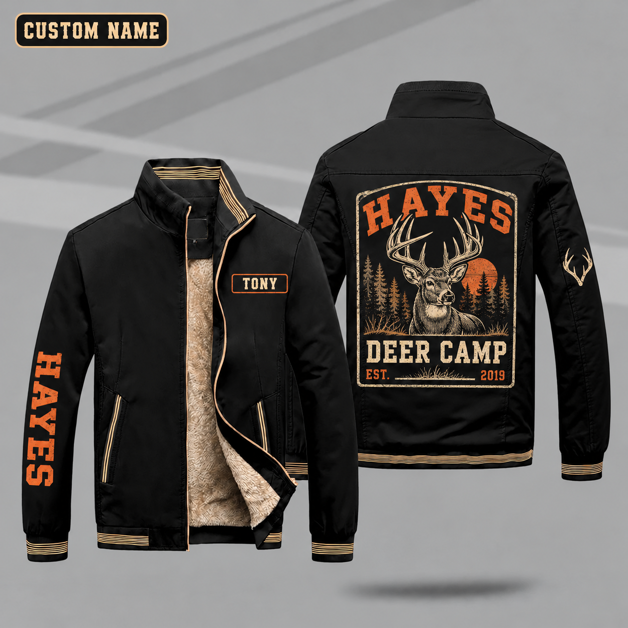 Fleece-Lined Stand Collar Jacket personalized with "Hayes Deer Camp Est. 2019" and whitetail buck head artwork on the back